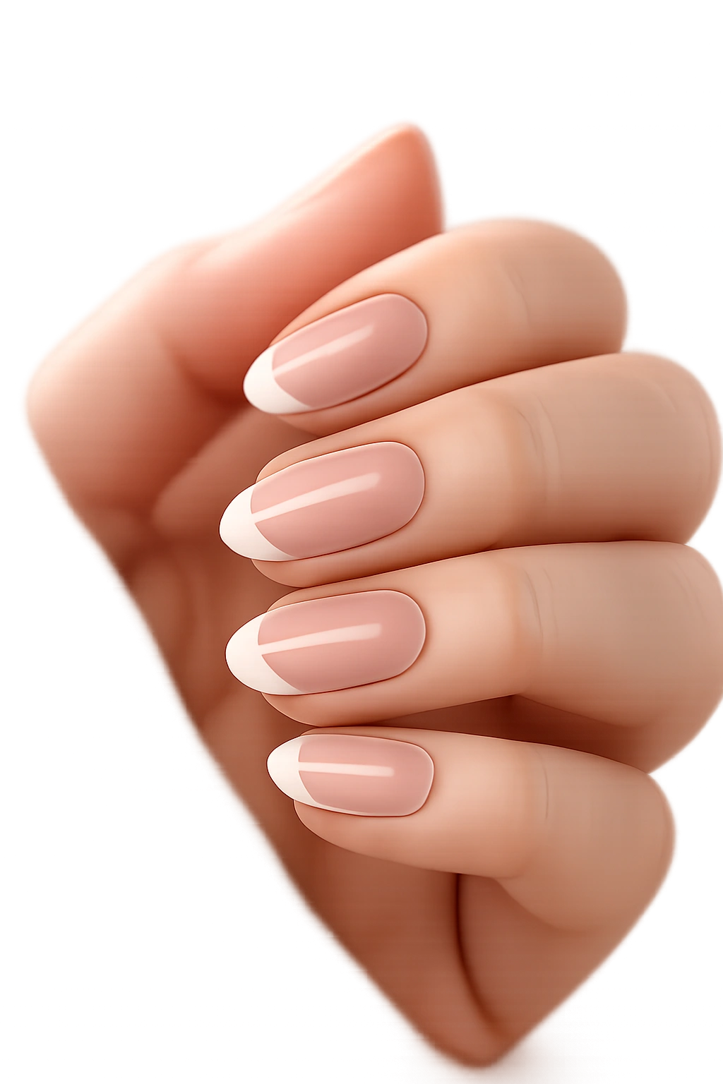 Close-up of short almond nails with clear base and white micro tips