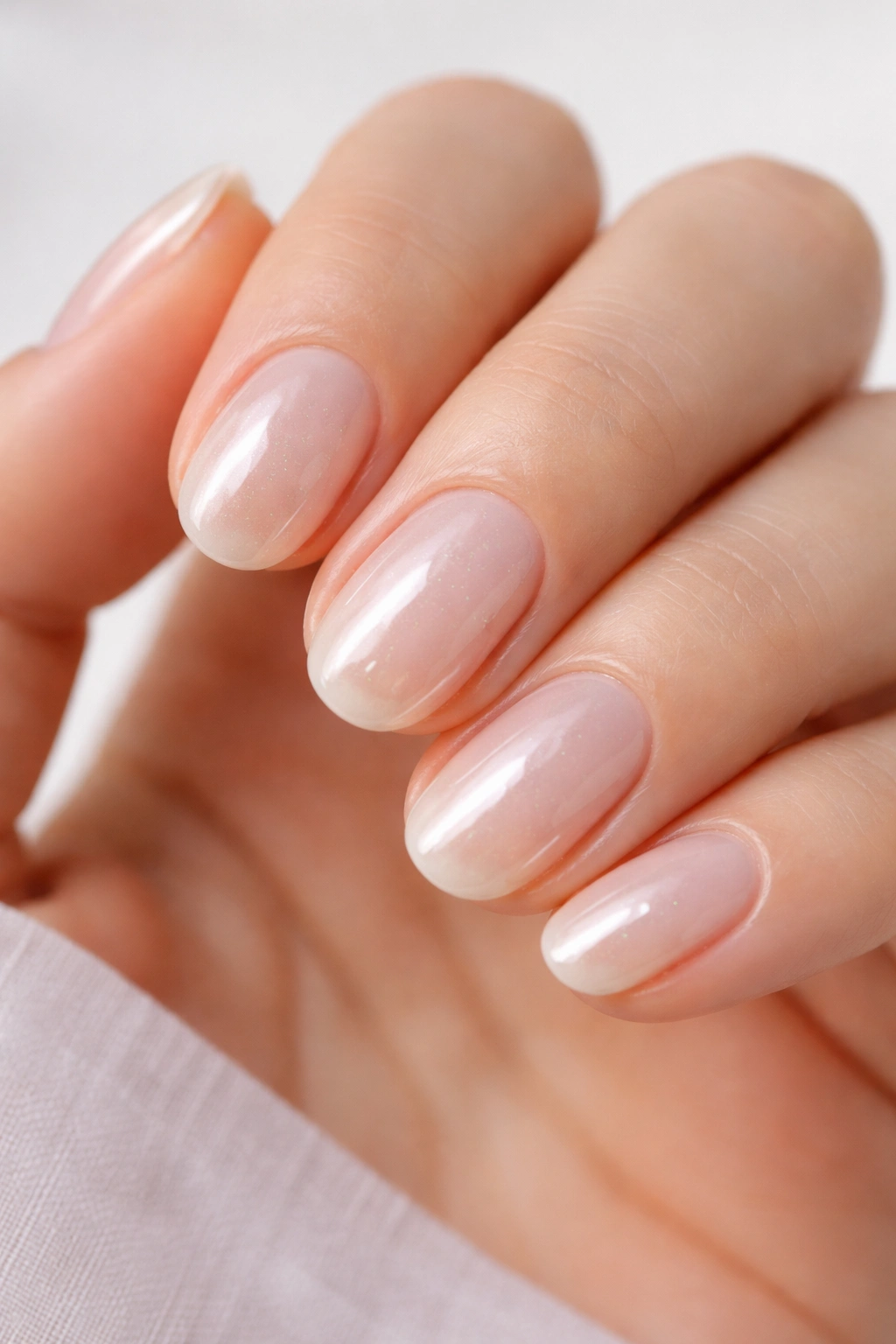 Close-up of short oval nails with clear gloss and pearl shimmer