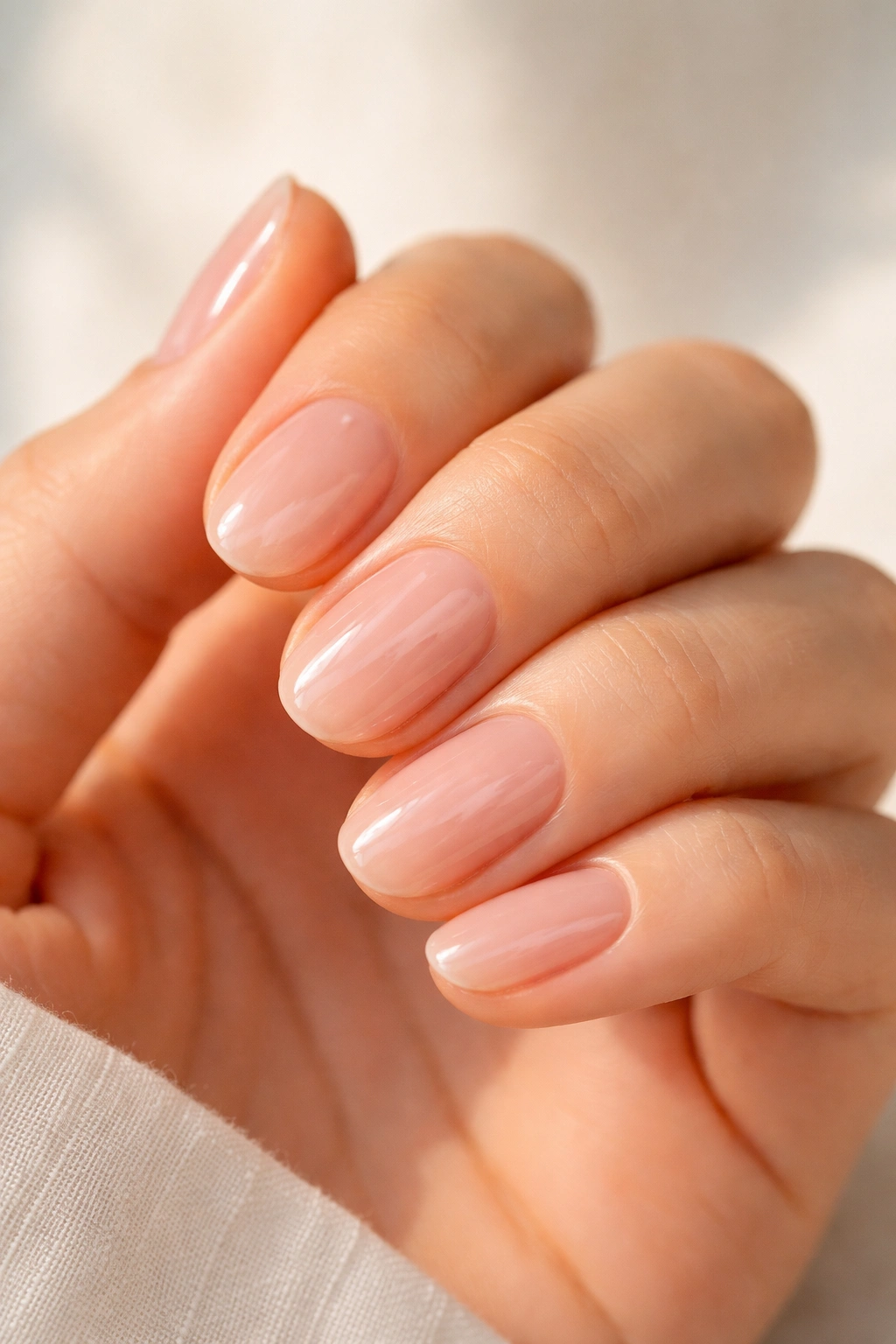 Close-up of short oval nails with a pristine clear gloss finish.