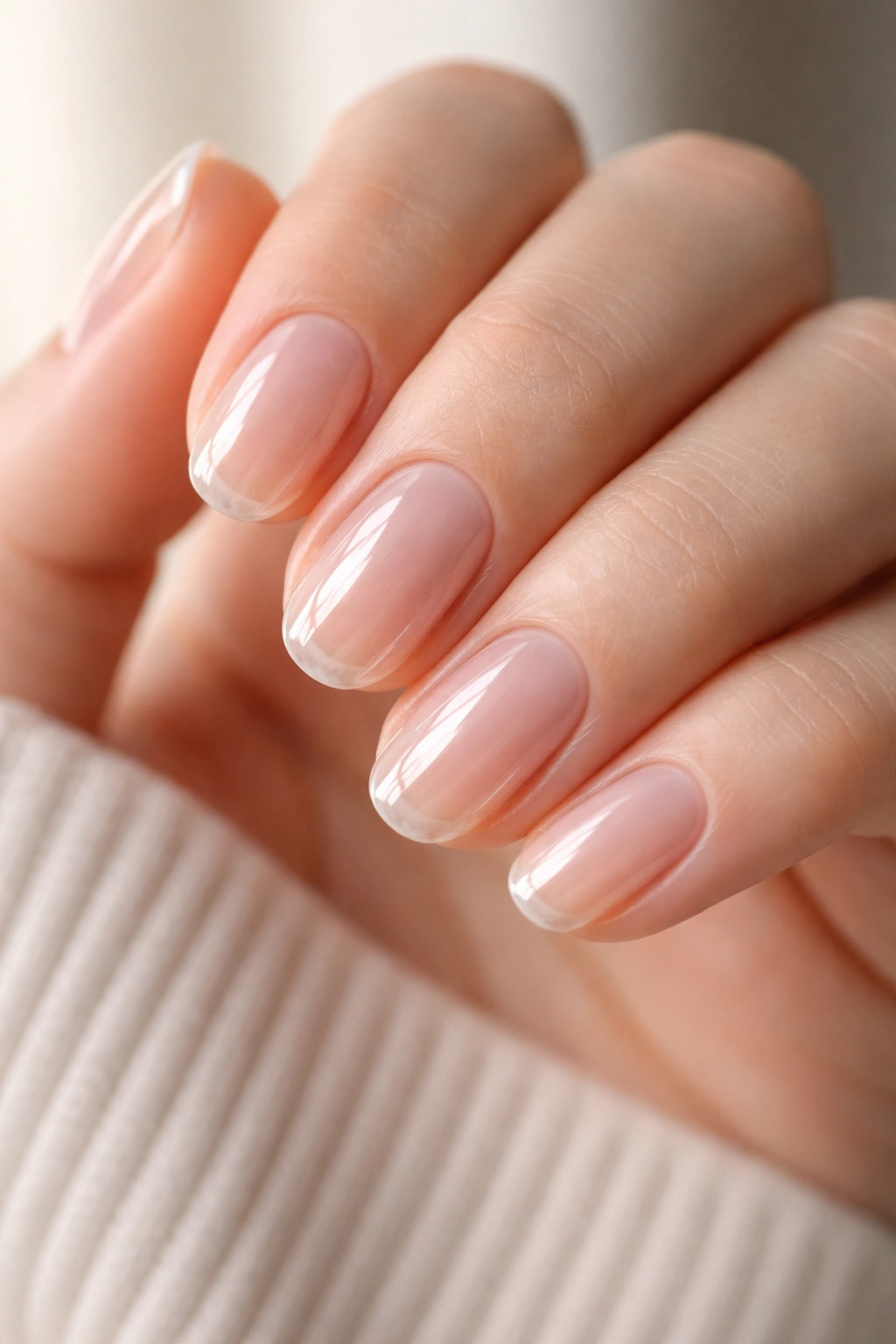 Close-up of clear glossy short oval nails showing shine