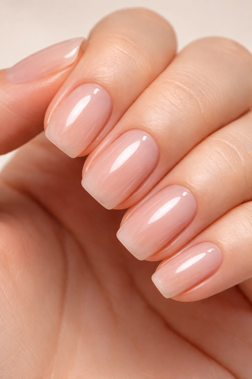Natural nails with clear gloss on short squoval nails.