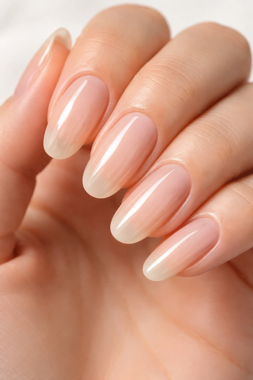 Close-up of natural long round nails with a clear glossy finish