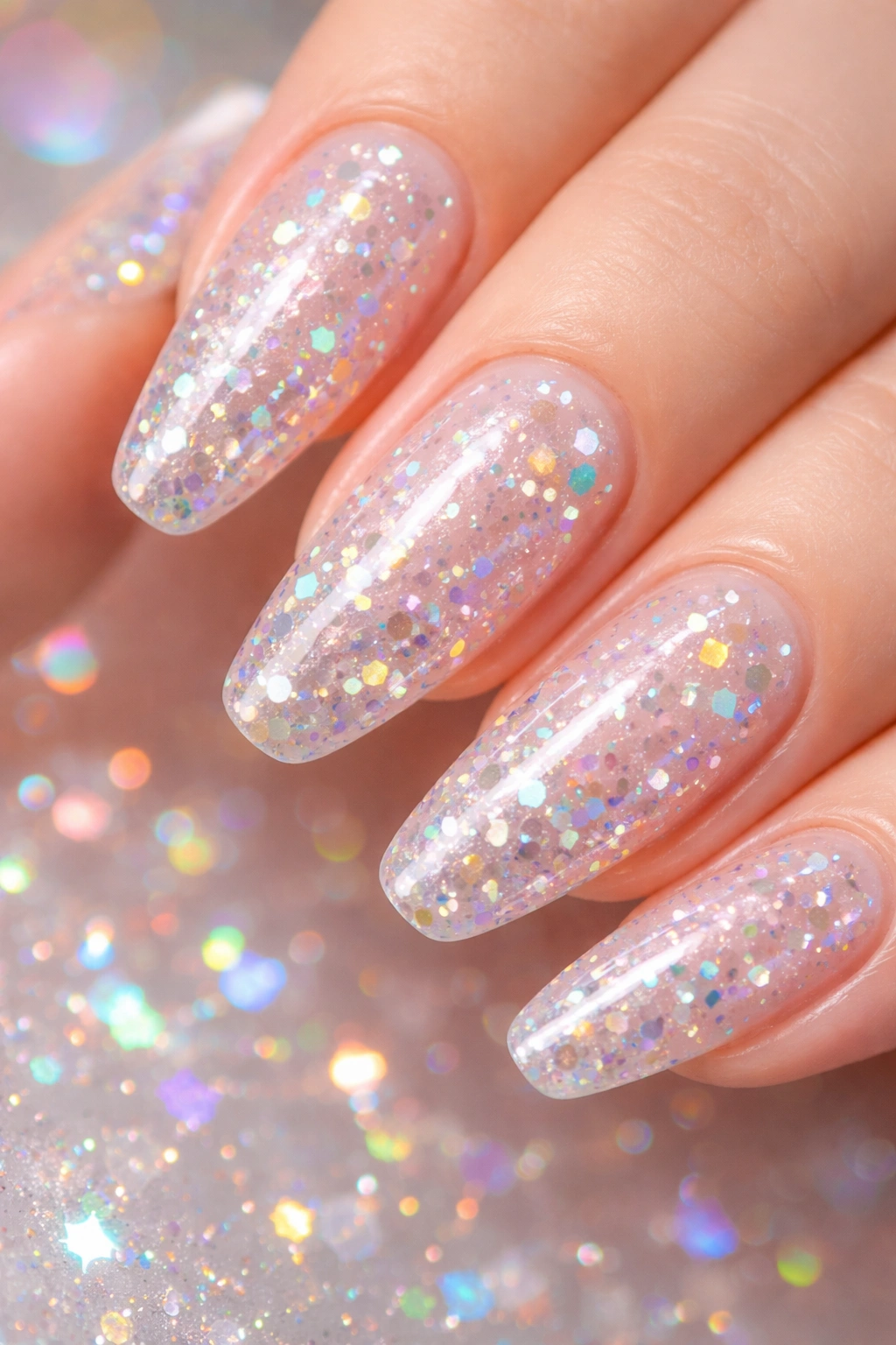 Clear-base nails with holographic confetti shine