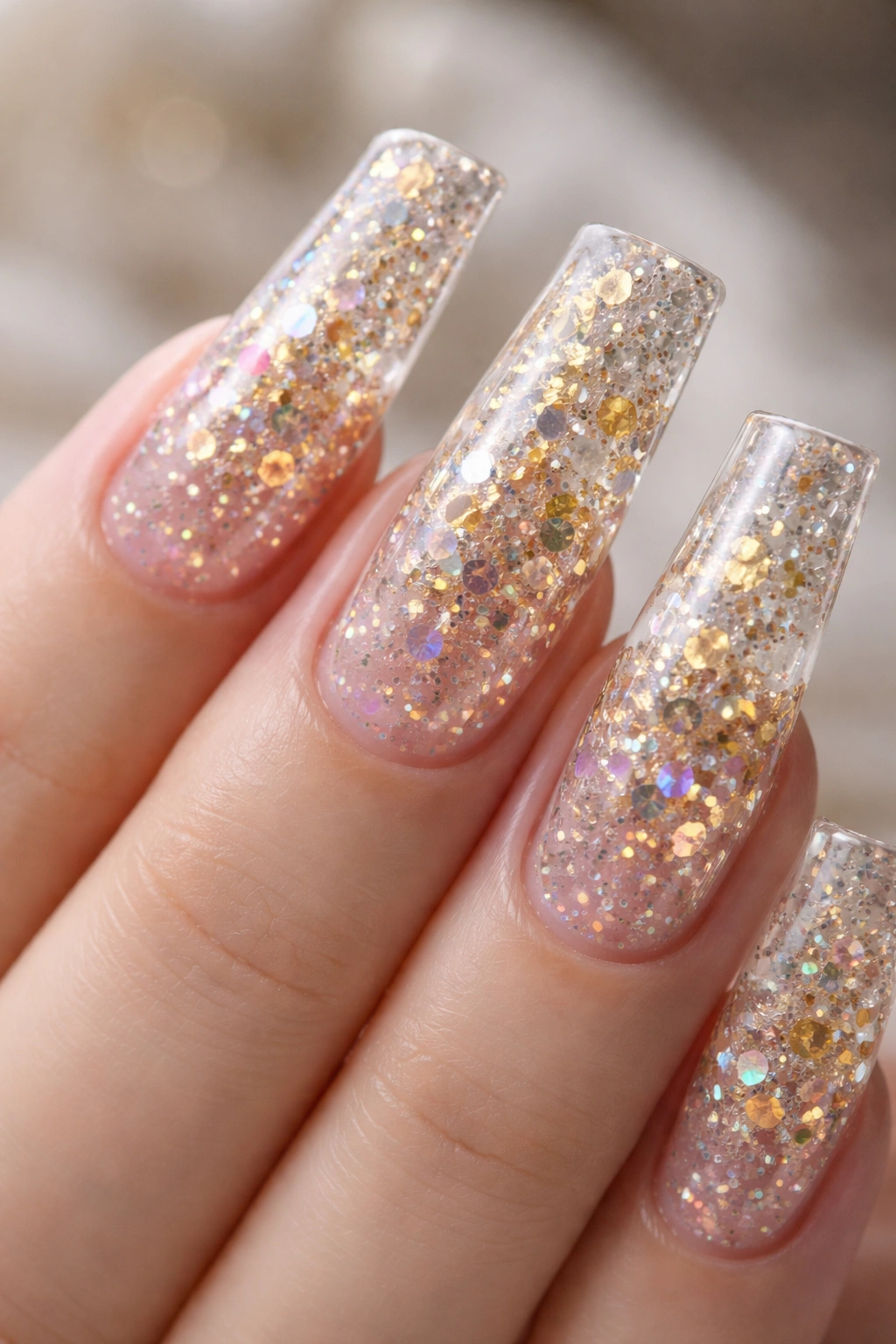 Close-up of clear jelly nails with embedded glitter and gold foil flakes