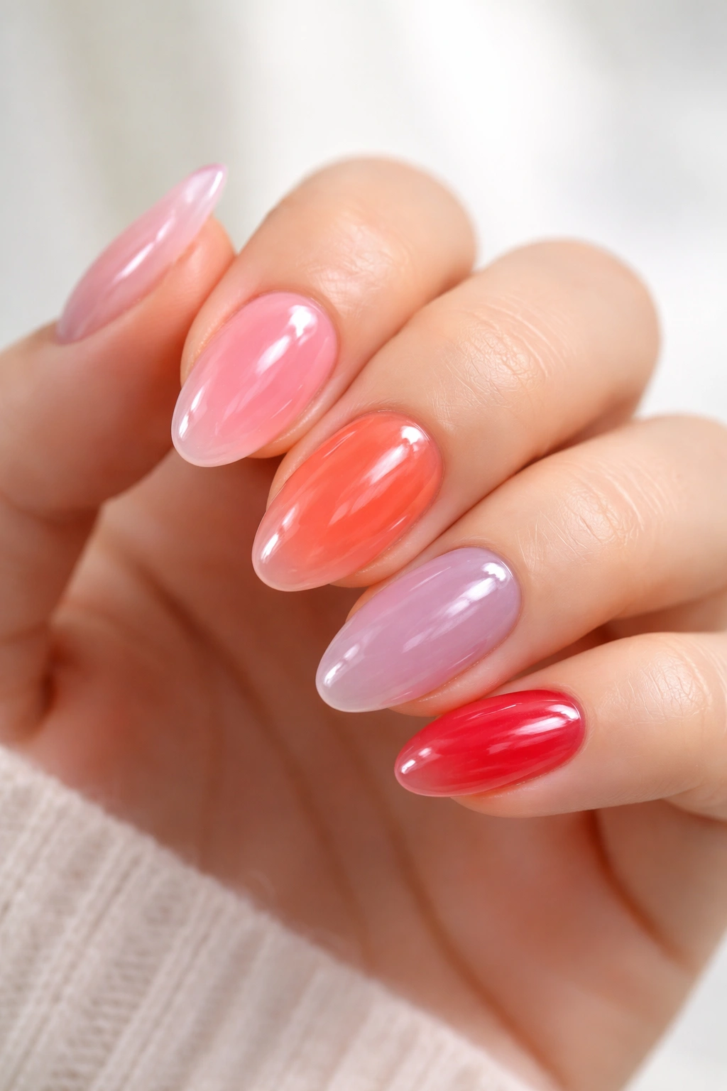 Close-up of clear jelly almond nails showing translucent pink and other soft colors.