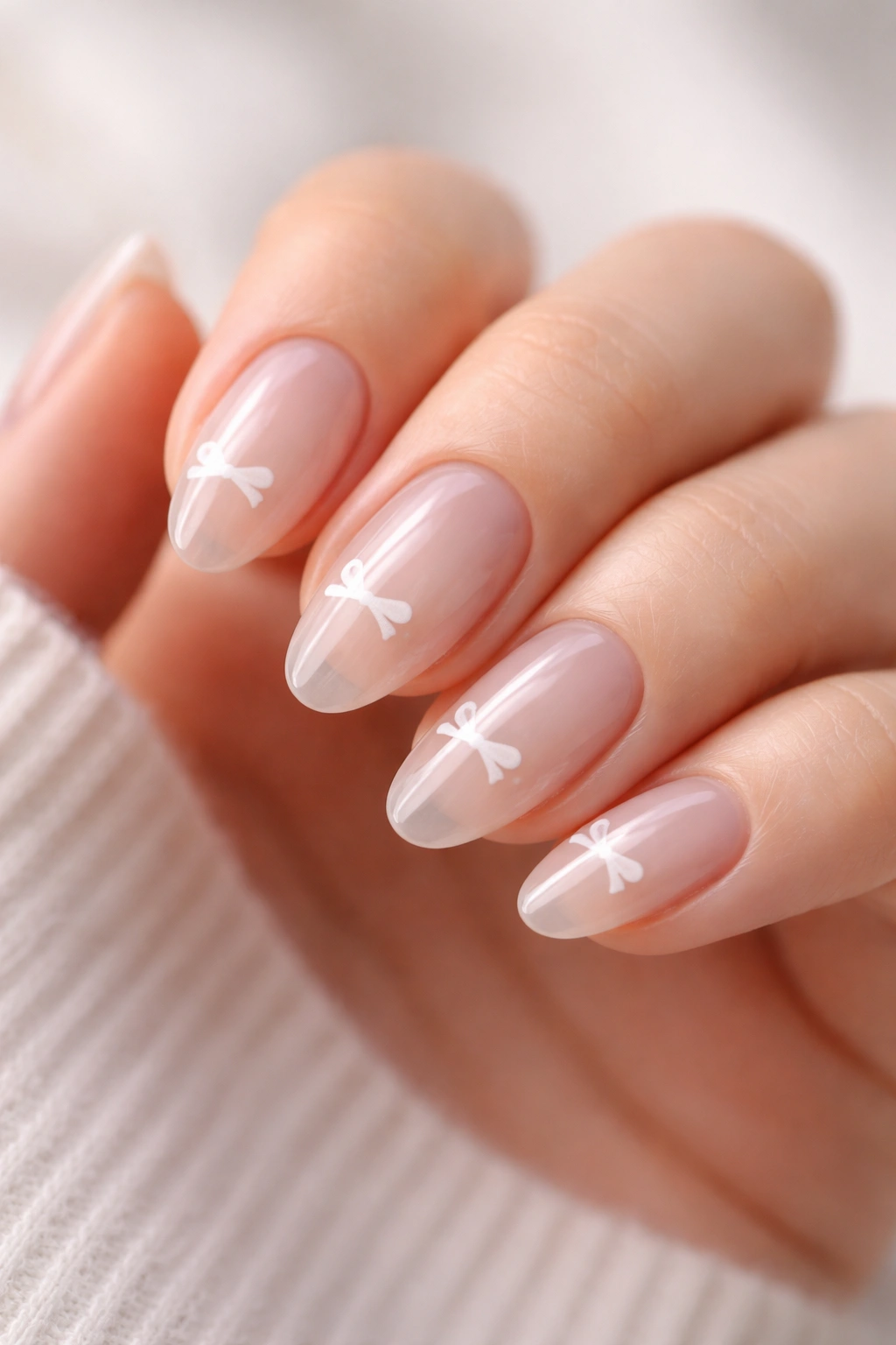 Close-up of clear almond jelly nails with small white bows on a neutral background
