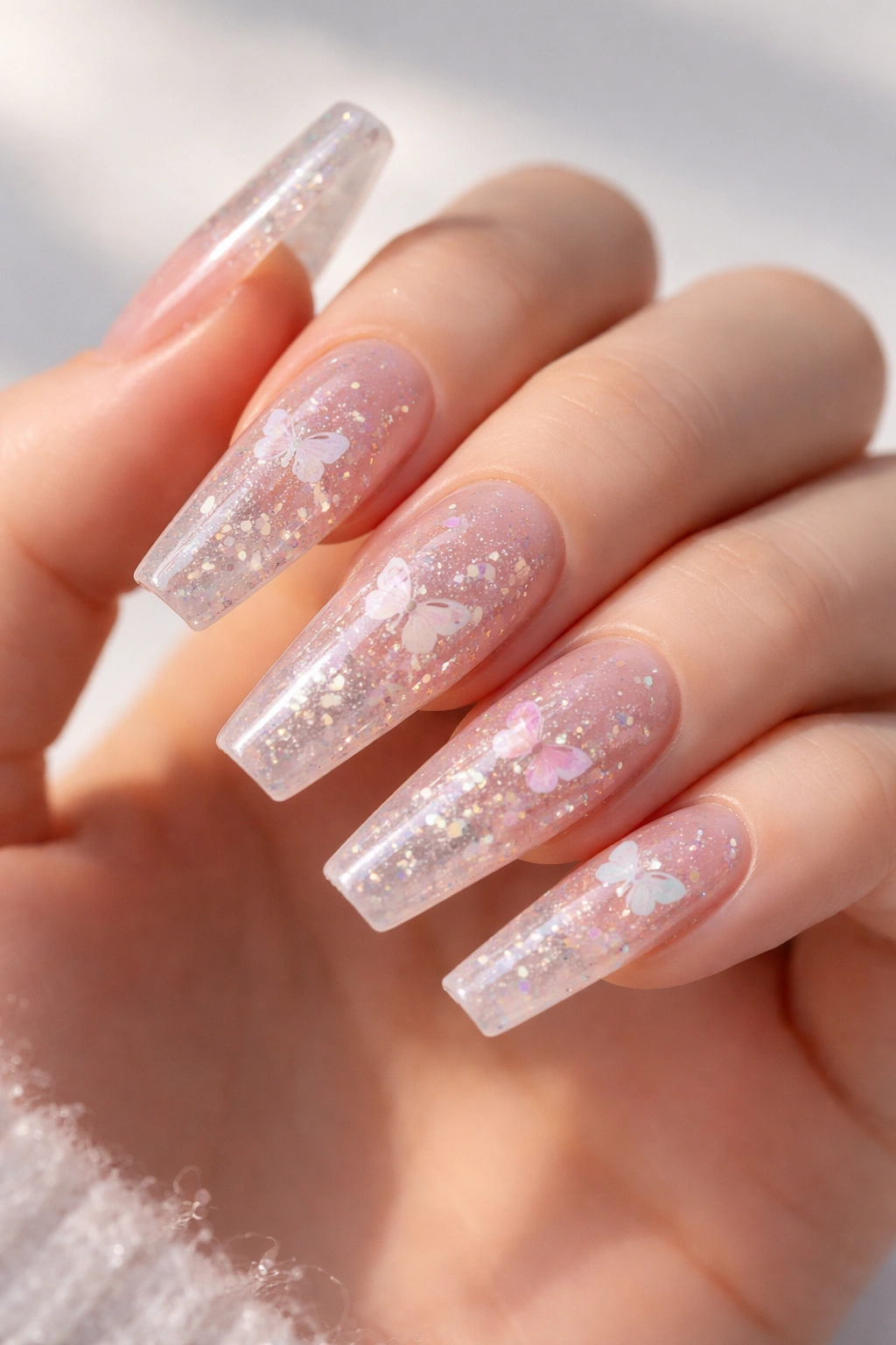 Close-up of clear jelly butterfly ballerina nails with suspended iridescent glitter on long nails