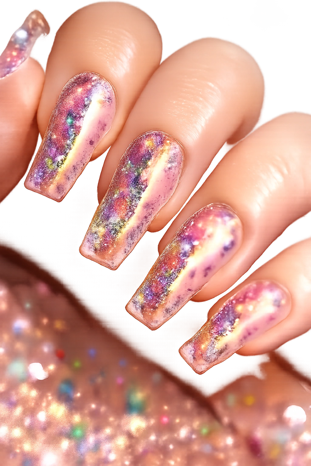 Clear coffin nail embedded with colorful confetti pieces