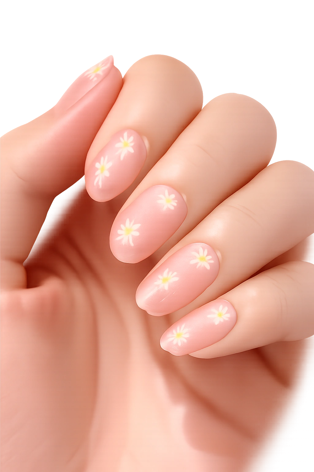 Natural nails with hand-painted white daisies on clear nails