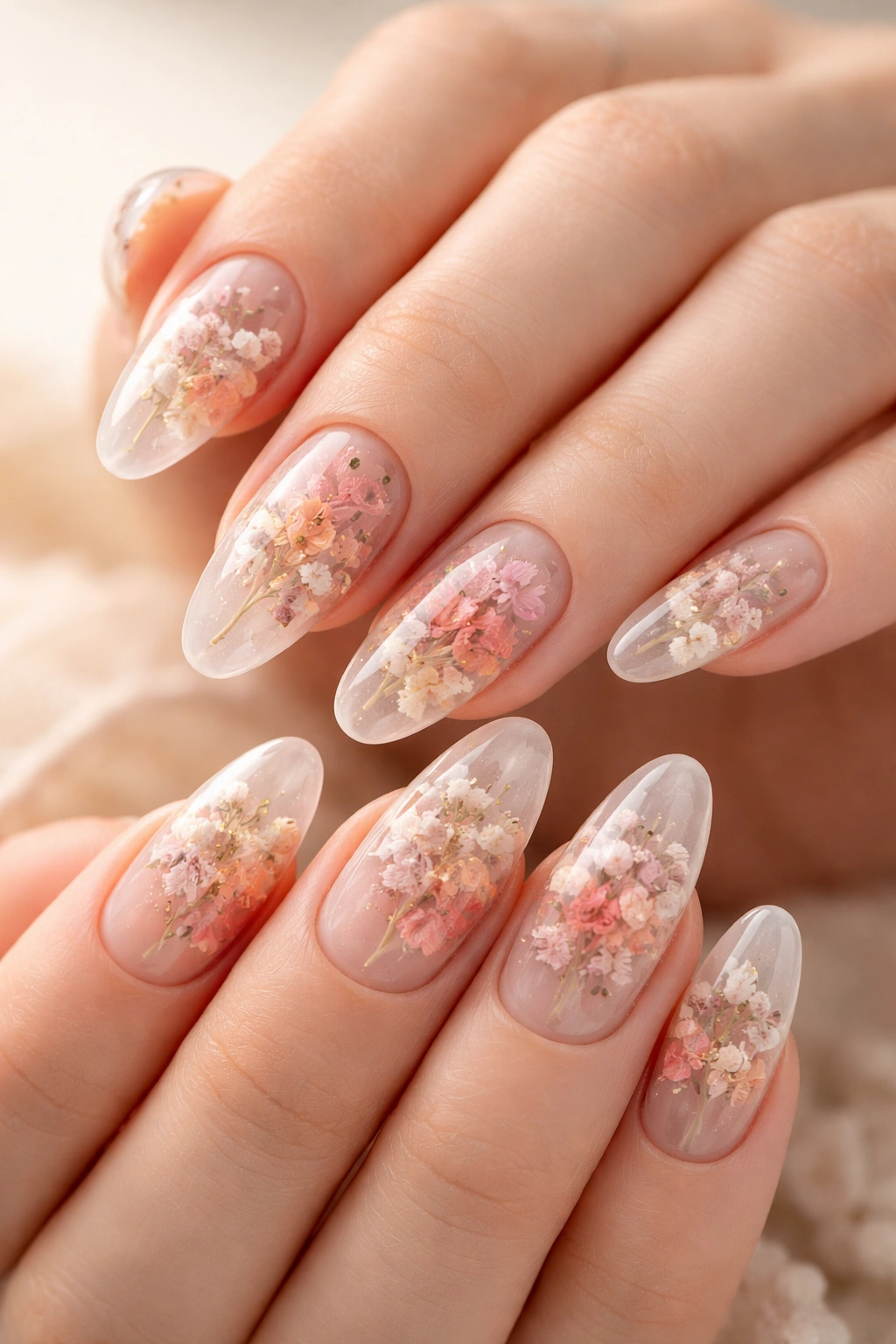 Clear acrylic nails embedded with tiny dried flowers
