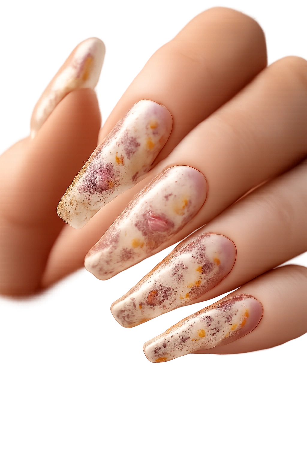 Clear nails with embedded dried flowers encased in gel