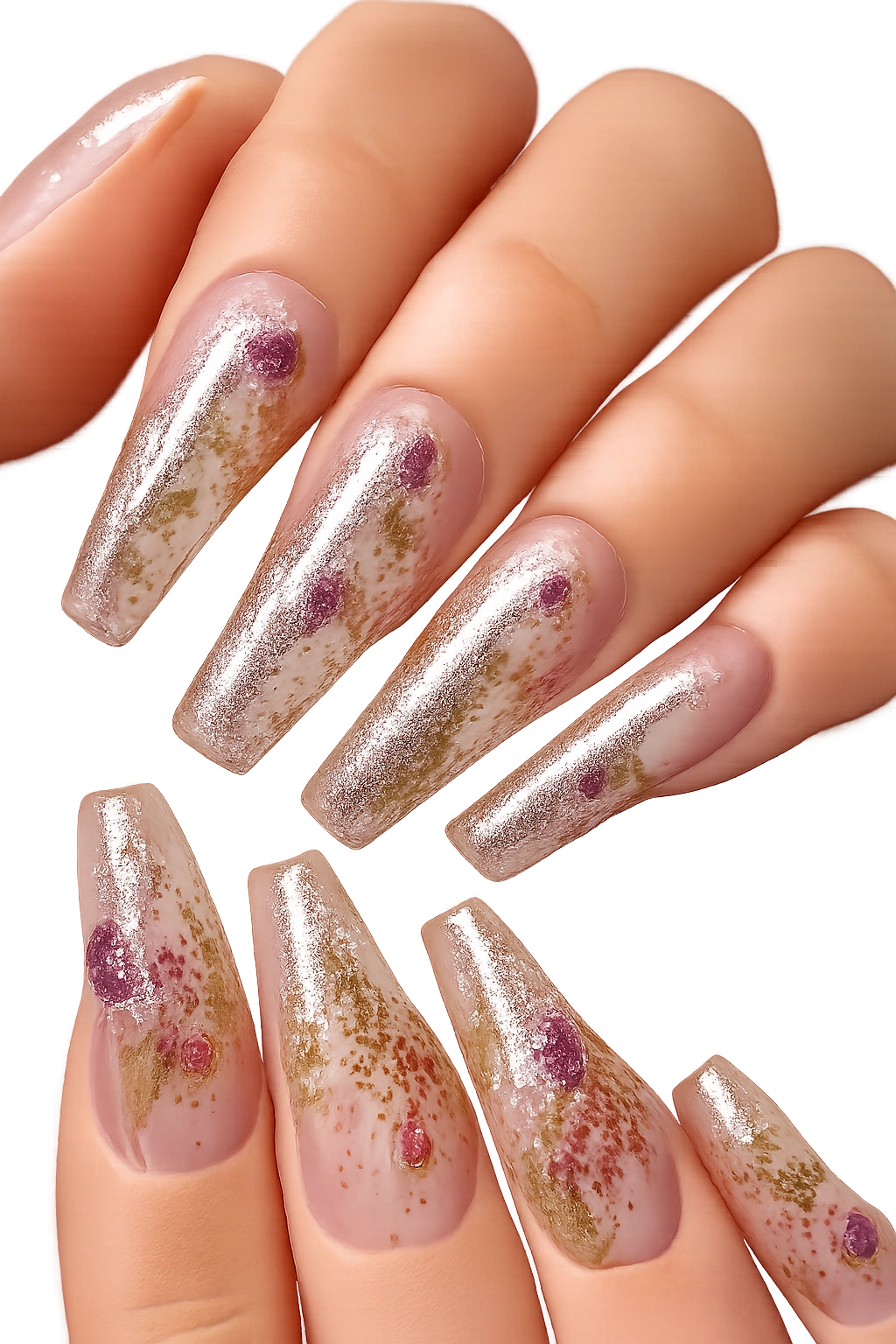 Close-up of coffin nails with embedded dried flowers in a clear base