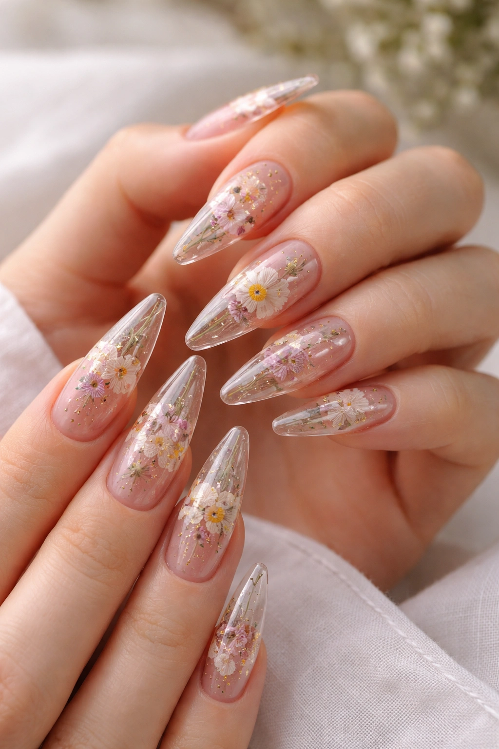 Clear nails with embedded dried flowers inside the nail