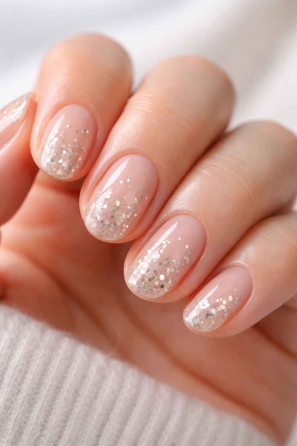 Clear short oval nails with small glitter pieces appearing to float under a glossy layer