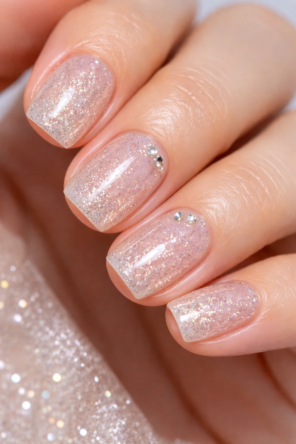 Close-up of clear nails with embedded glitter and a few rhinestones on short squoval shape