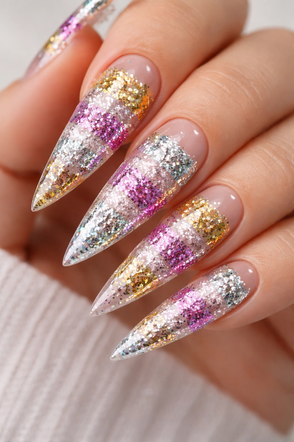 Clear nails with chunky glitter stripes on stiletto shape