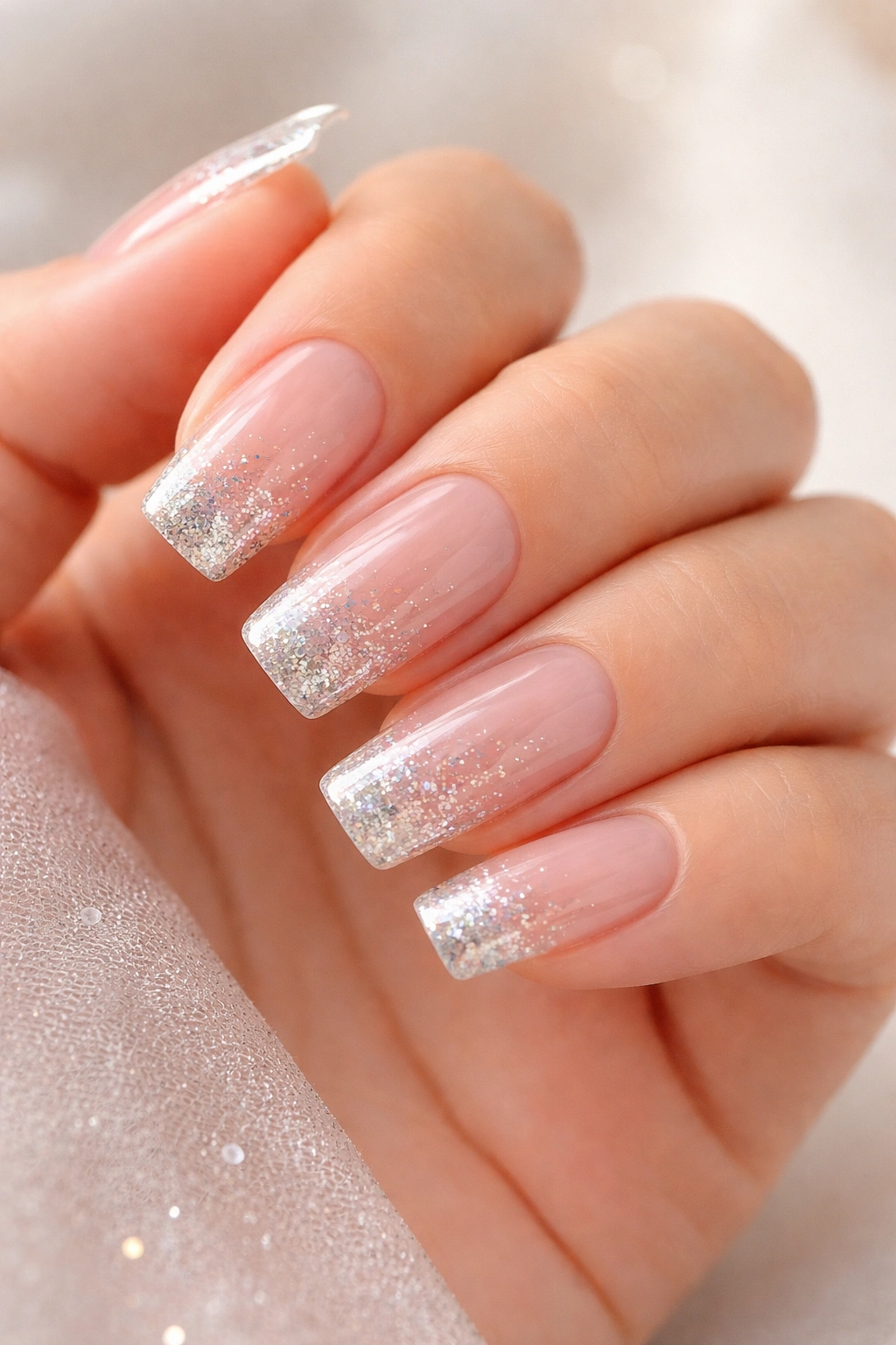 Close-up of clear nails with glitter tips on a hand