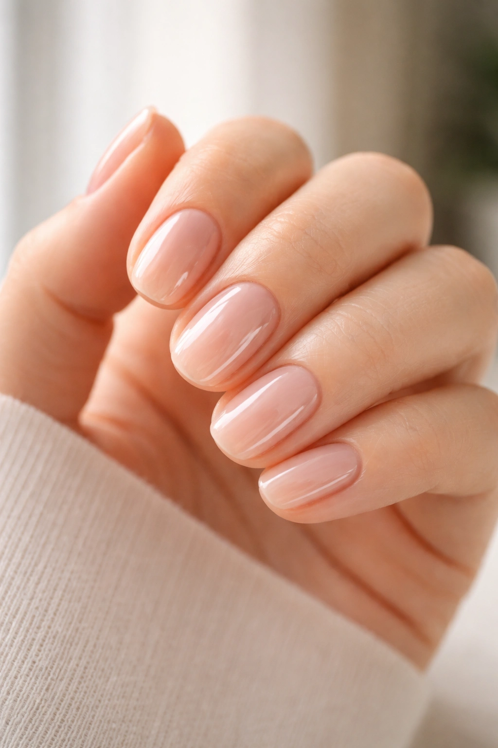 Close-up of a hand with clear glossy short oval nails
