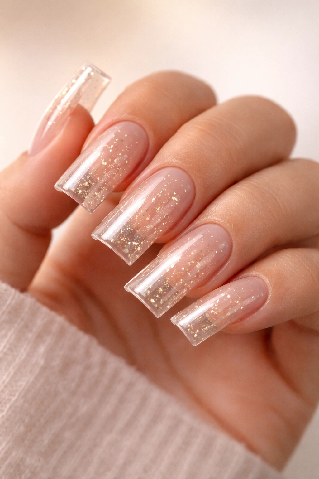 Close-up of clear nails with subtle gold fleck glitter on the surface
