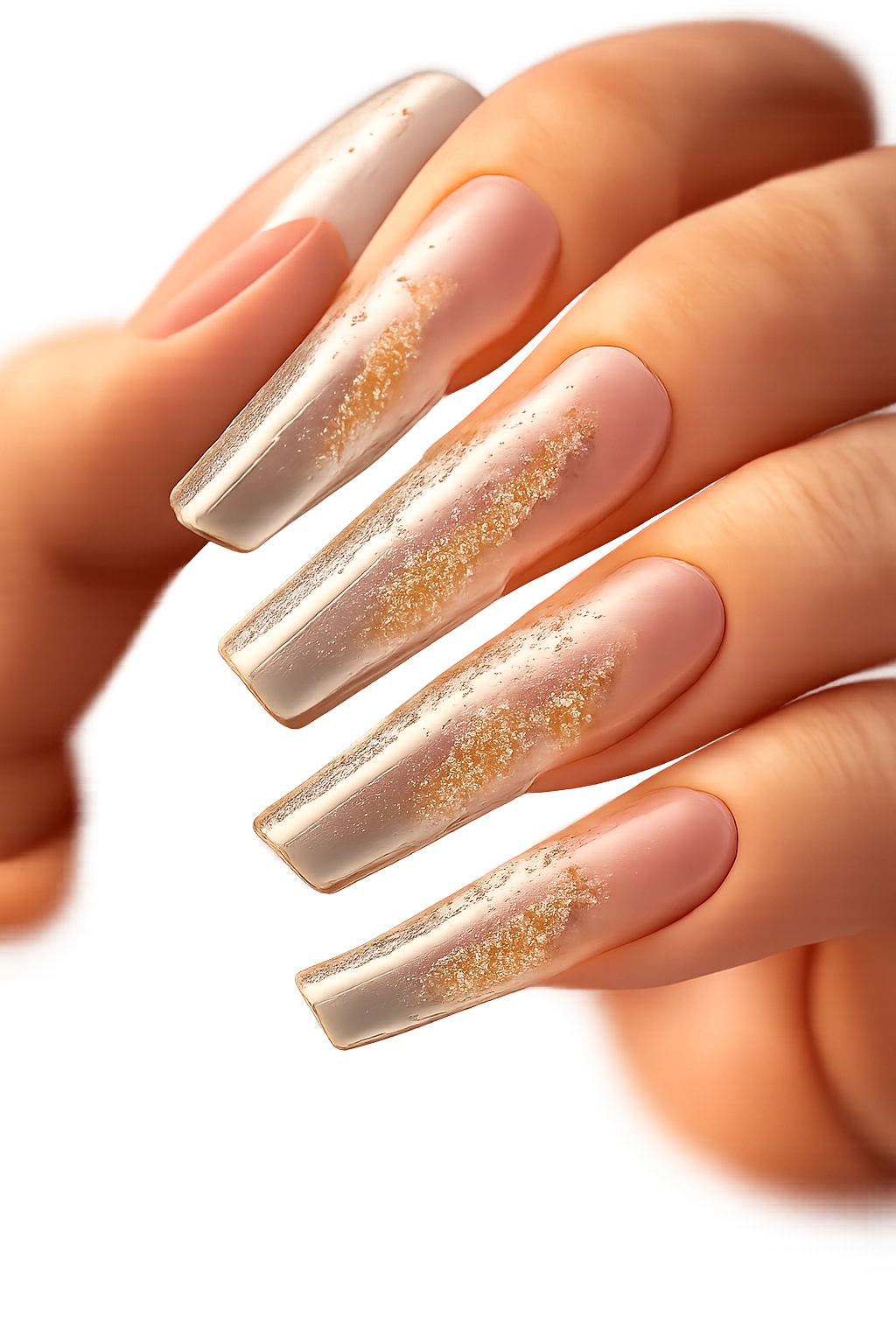 Clear nails with floating gold foil accents in vertical trails