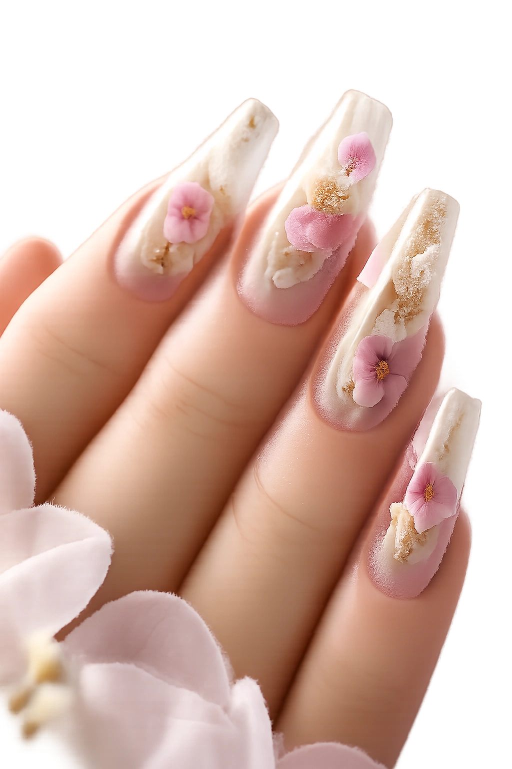 Clear coffin nails showing gold leaf and pressed flowers embedded in the gel