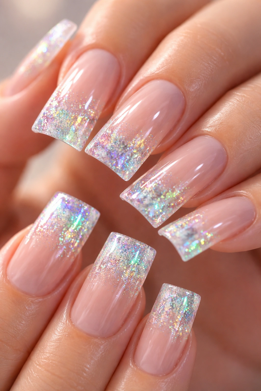 Close-up of clear nails with holographic rainbow dust at the tips.