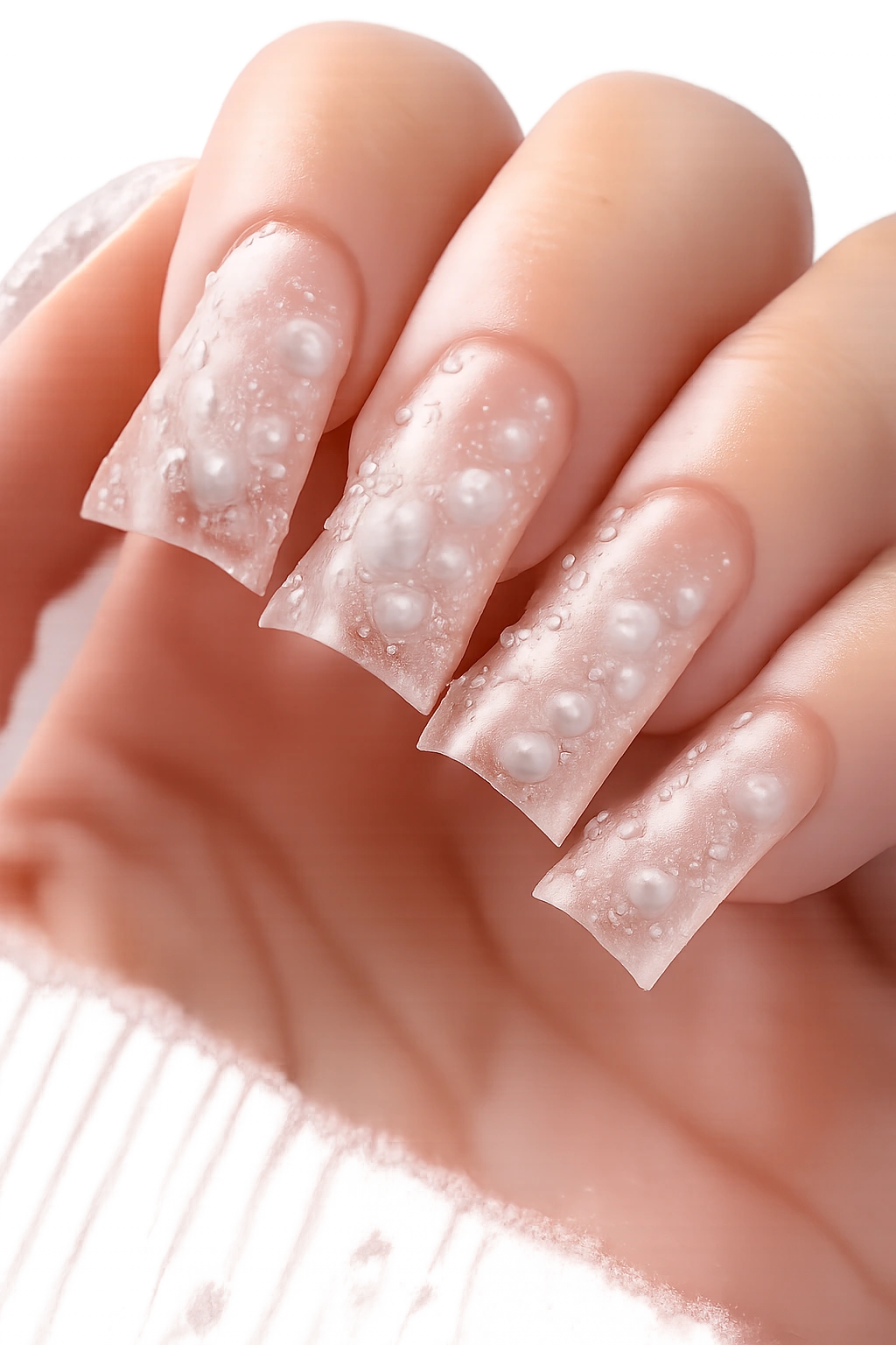 Clear nails with embedded pearl beads creating dimension
