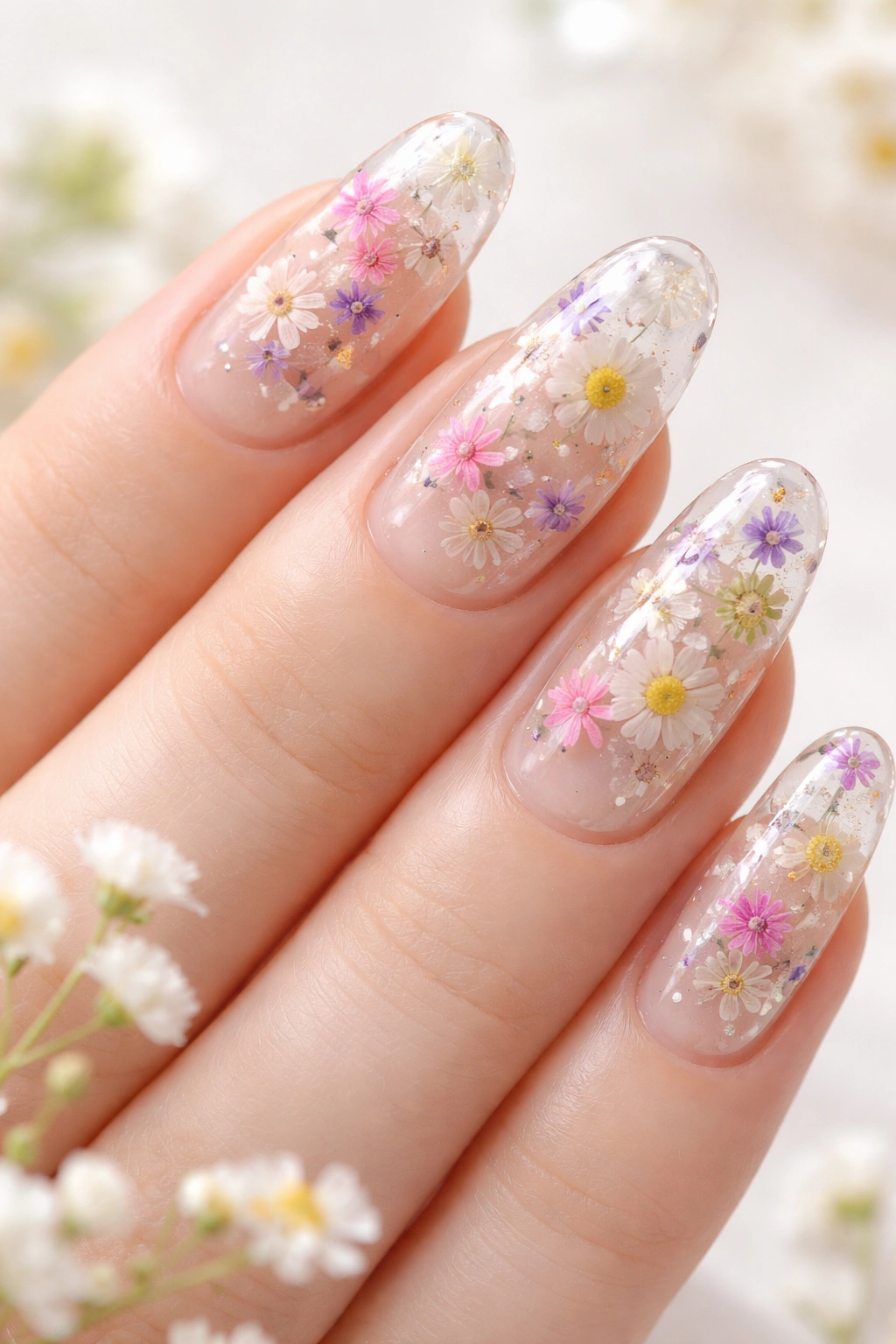 Clear nails with embedded pressed flowers in resin, macro close-up
