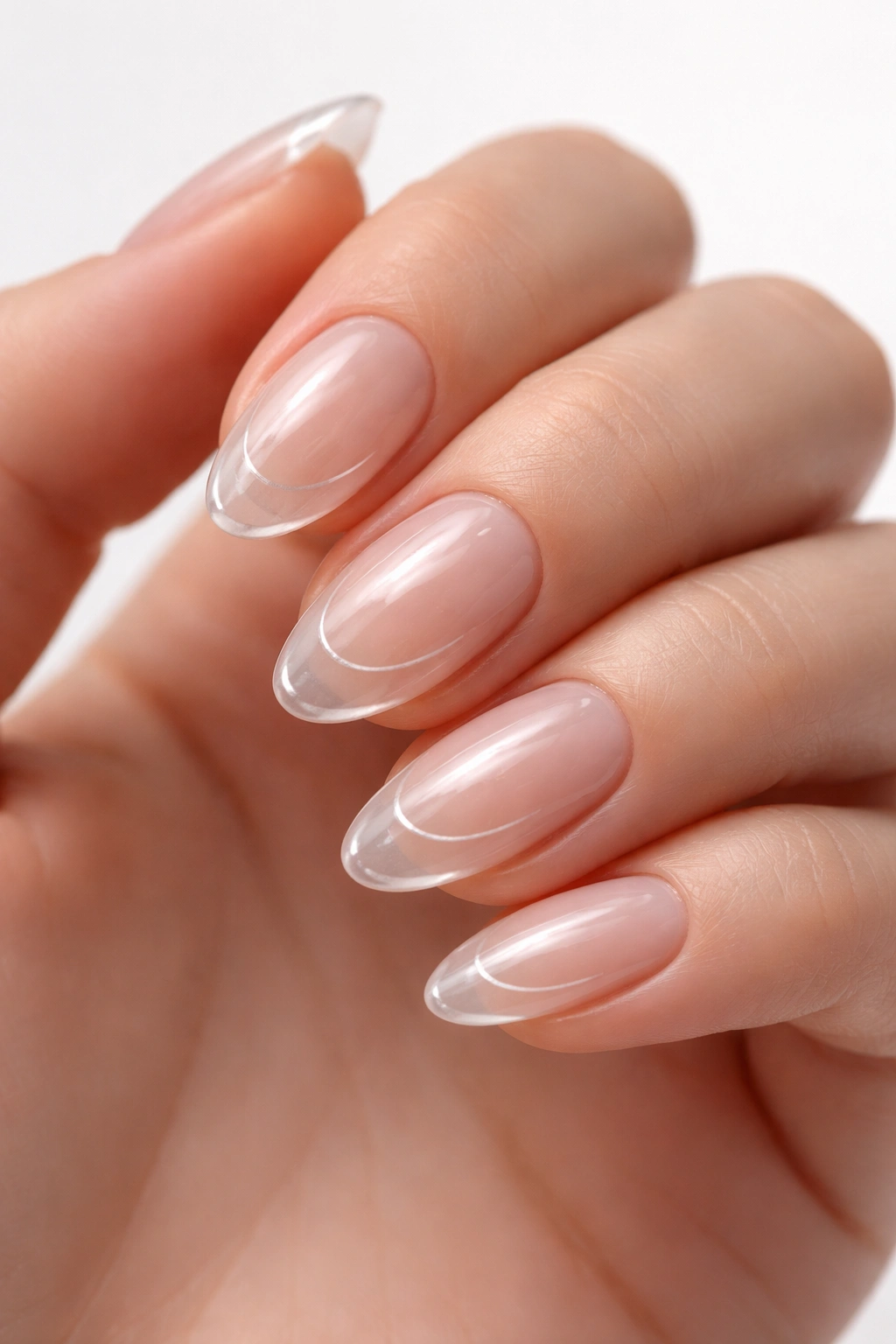 Close-up of clear nails with a raised gel detail near the tip