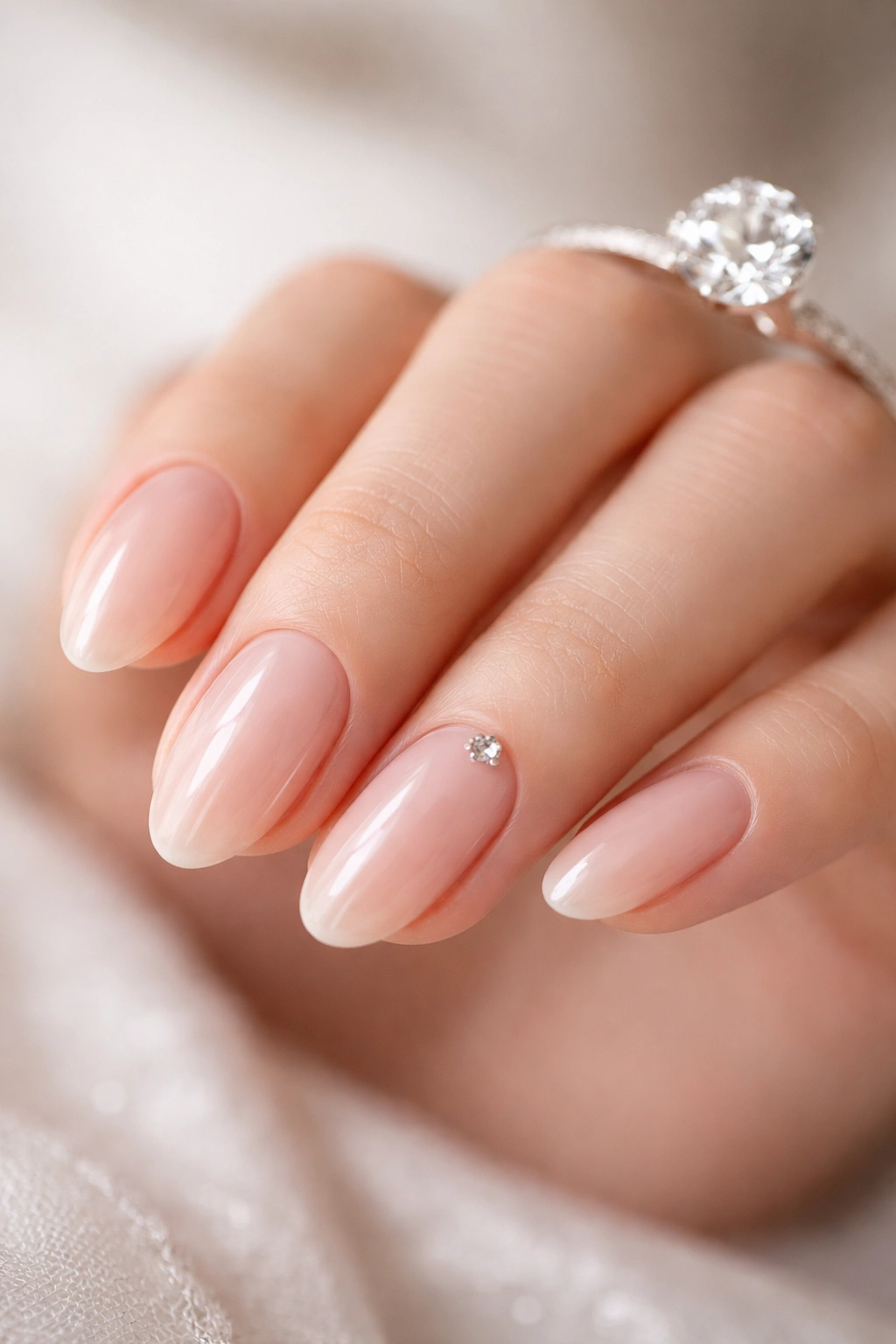 Close-up of clear nails with a single rhinestone accent on the ring finger