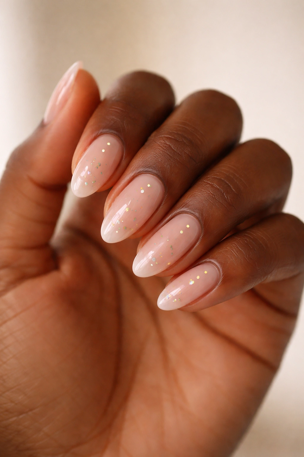Close-up of clear short almond nails with tiny accents on dark skin