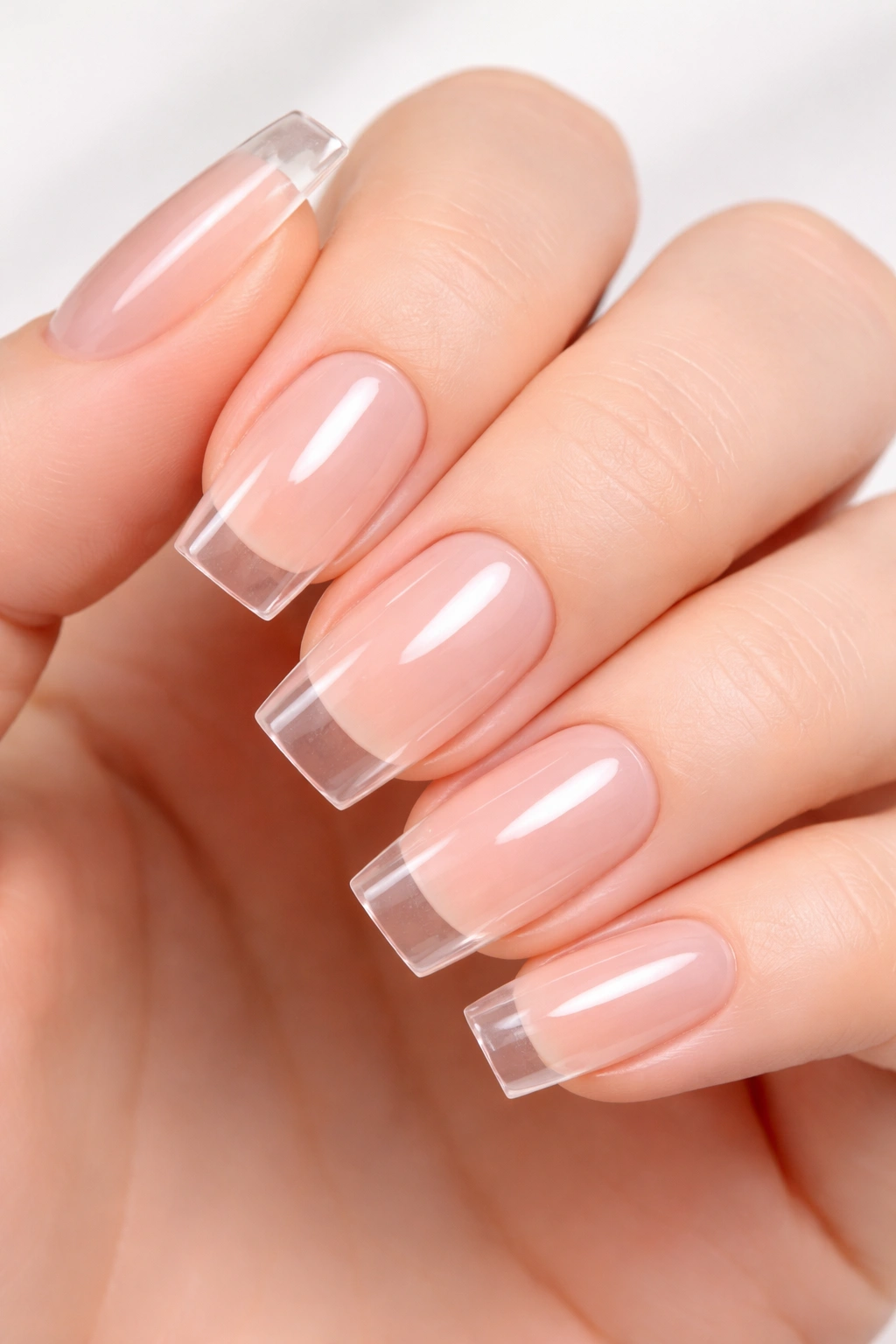 Close-up of clear square nails with glassy finish