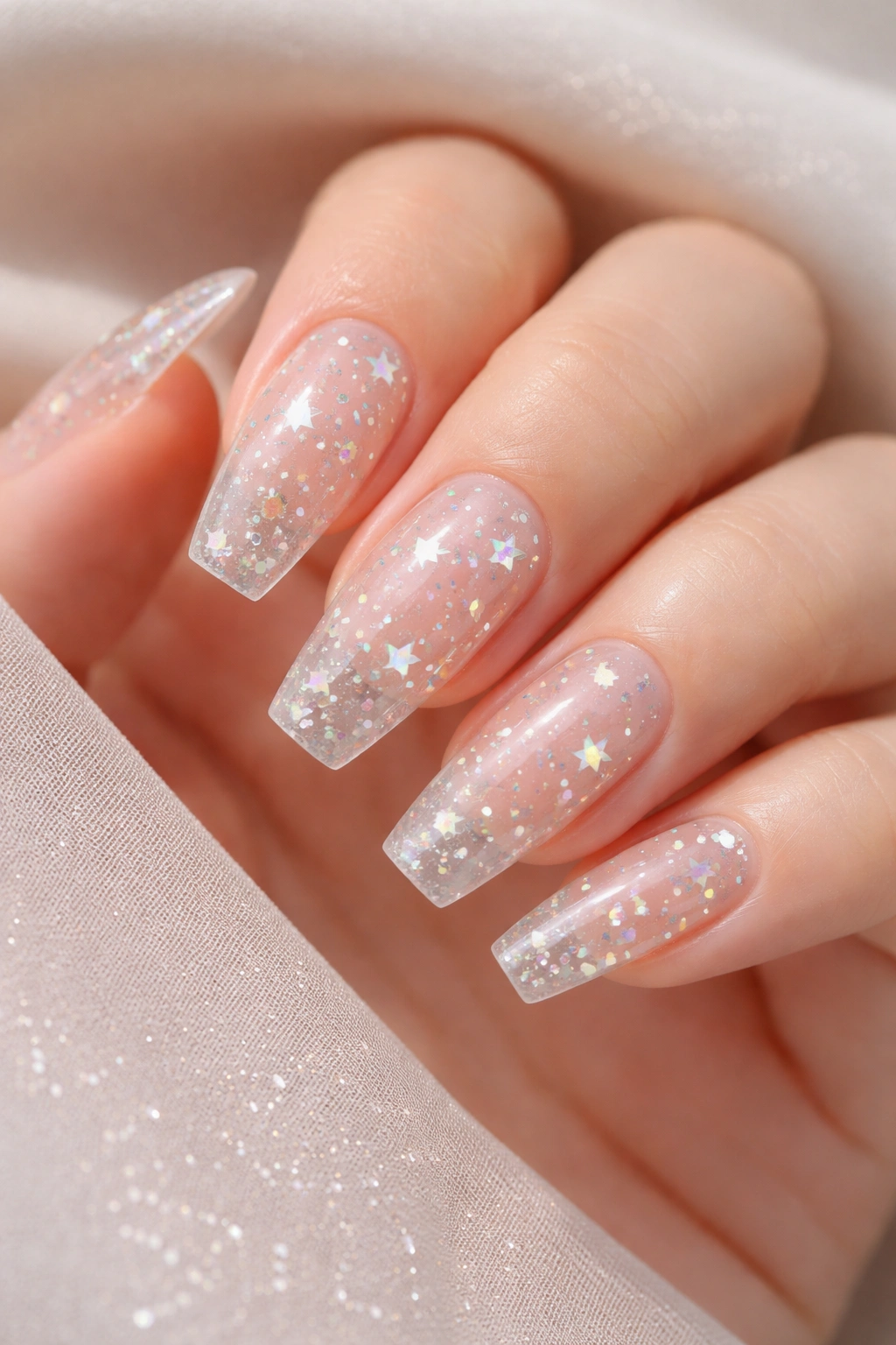 Clear nails with scattered star glitter