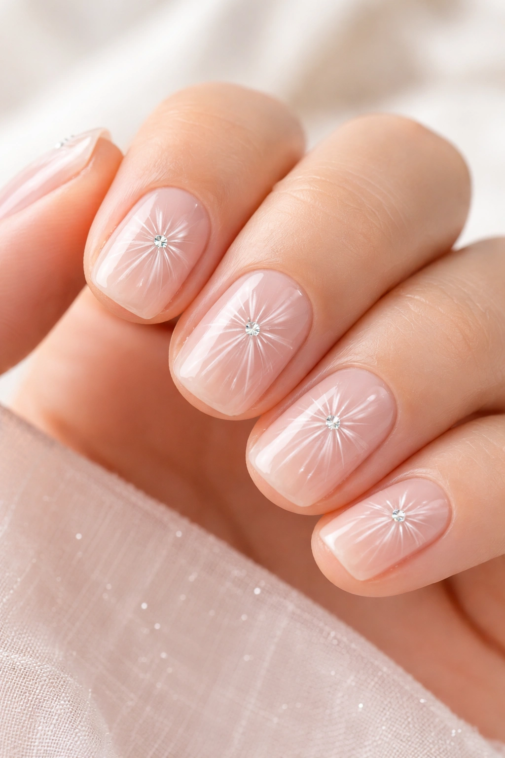 Clear base nails with starburst decals and gemstone centers on short nails.