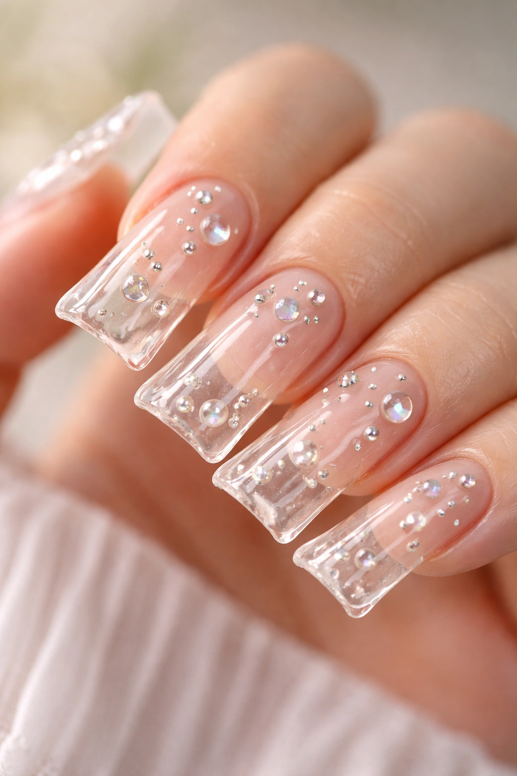 Close-up of nails with clear polish and small 3D embellishments.