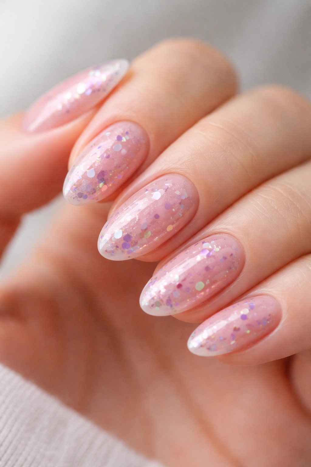 Clear nude nails with lilac and pink confetti foil