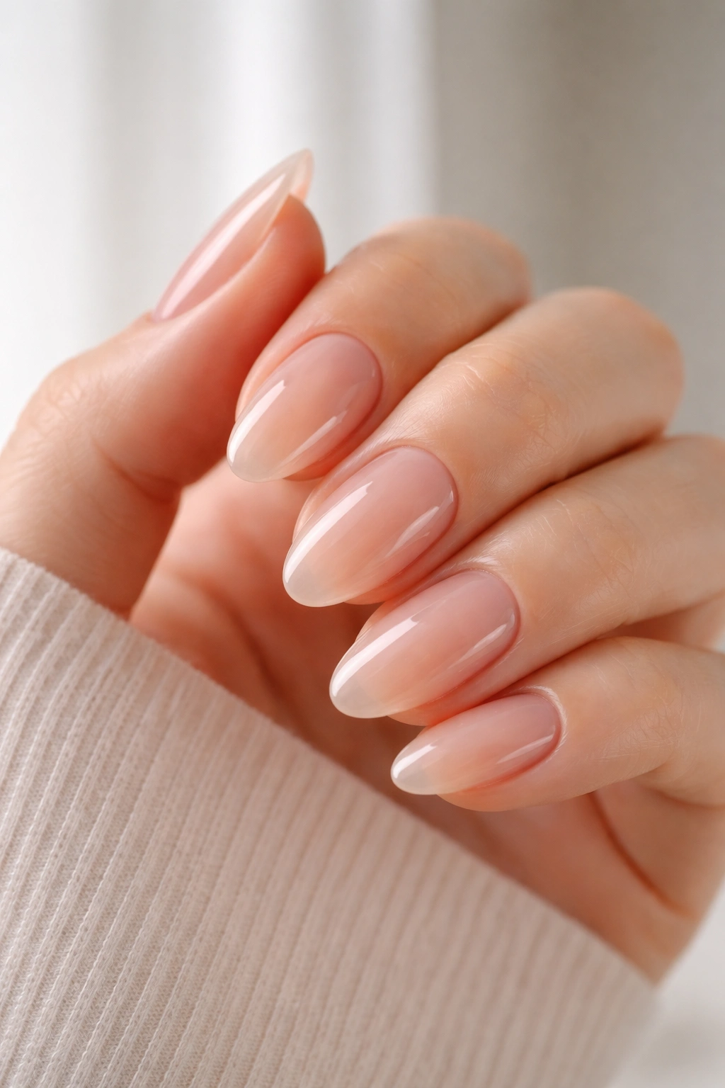 Close-up of clear nude glass nails on short almond shape with high-gloss finish