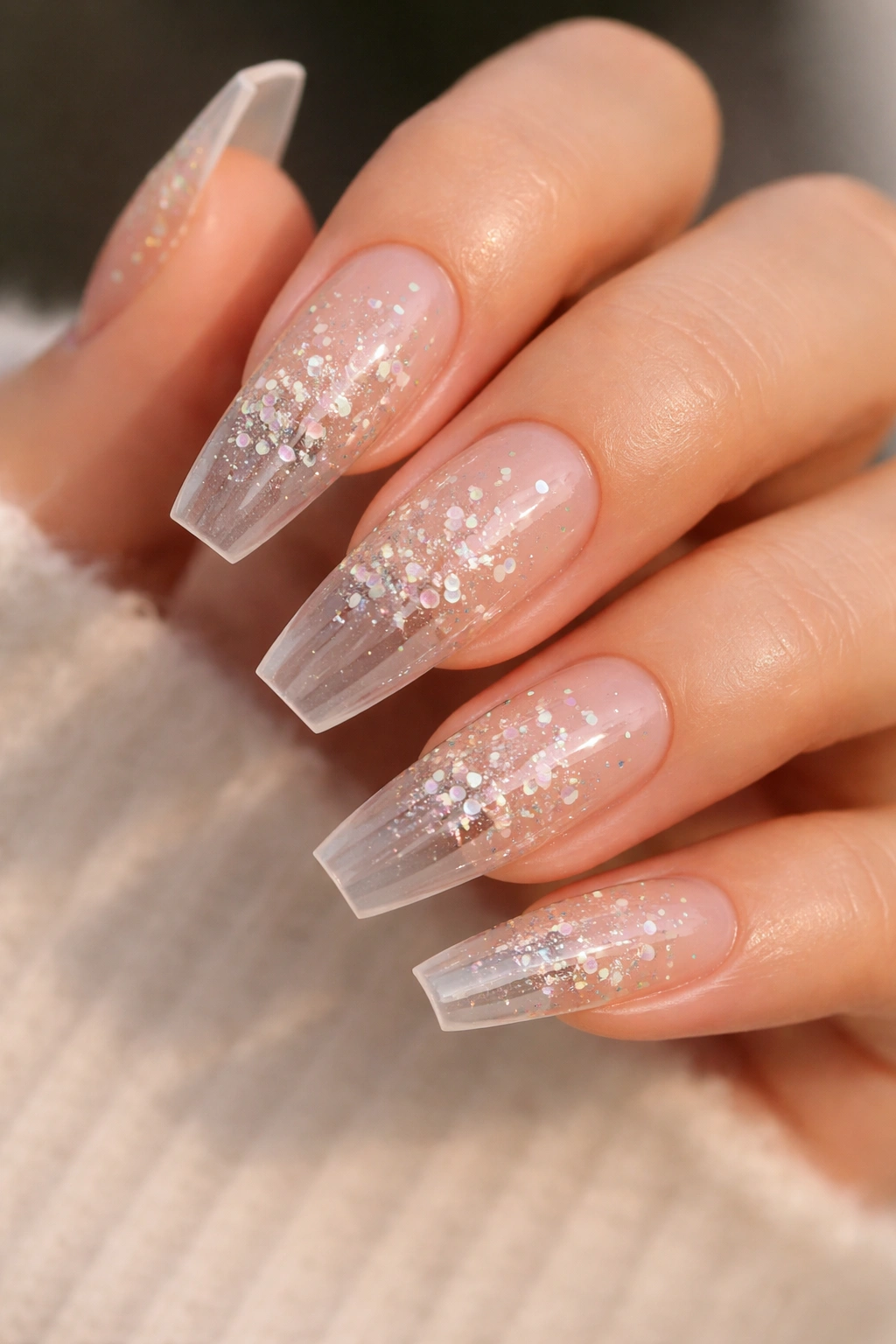 Jelly nails with clear-to-nude gradient and mixed-size glitter constellations