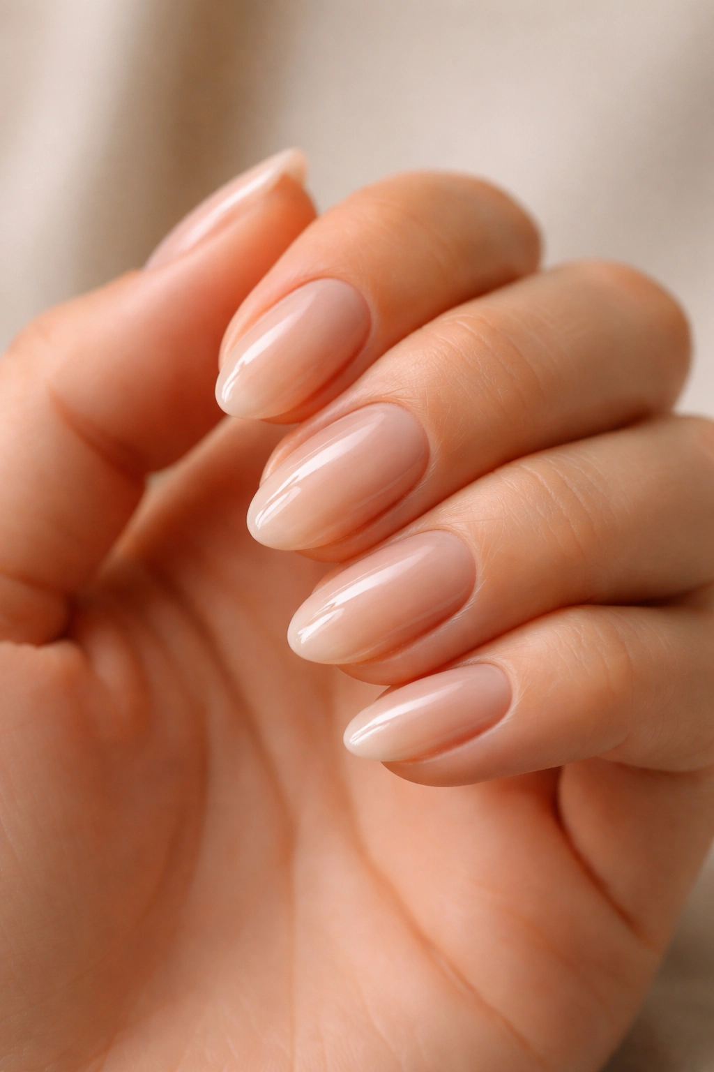 Close-up of clear nude almond nails showing natural nail edge