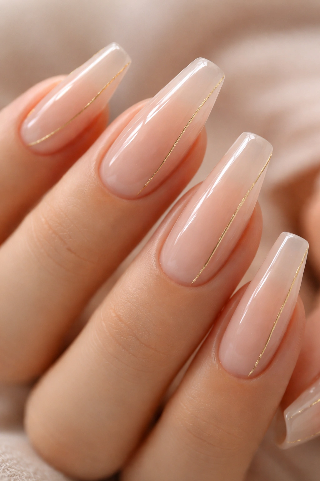 Nails with clear nude base and fine gold foil thread line