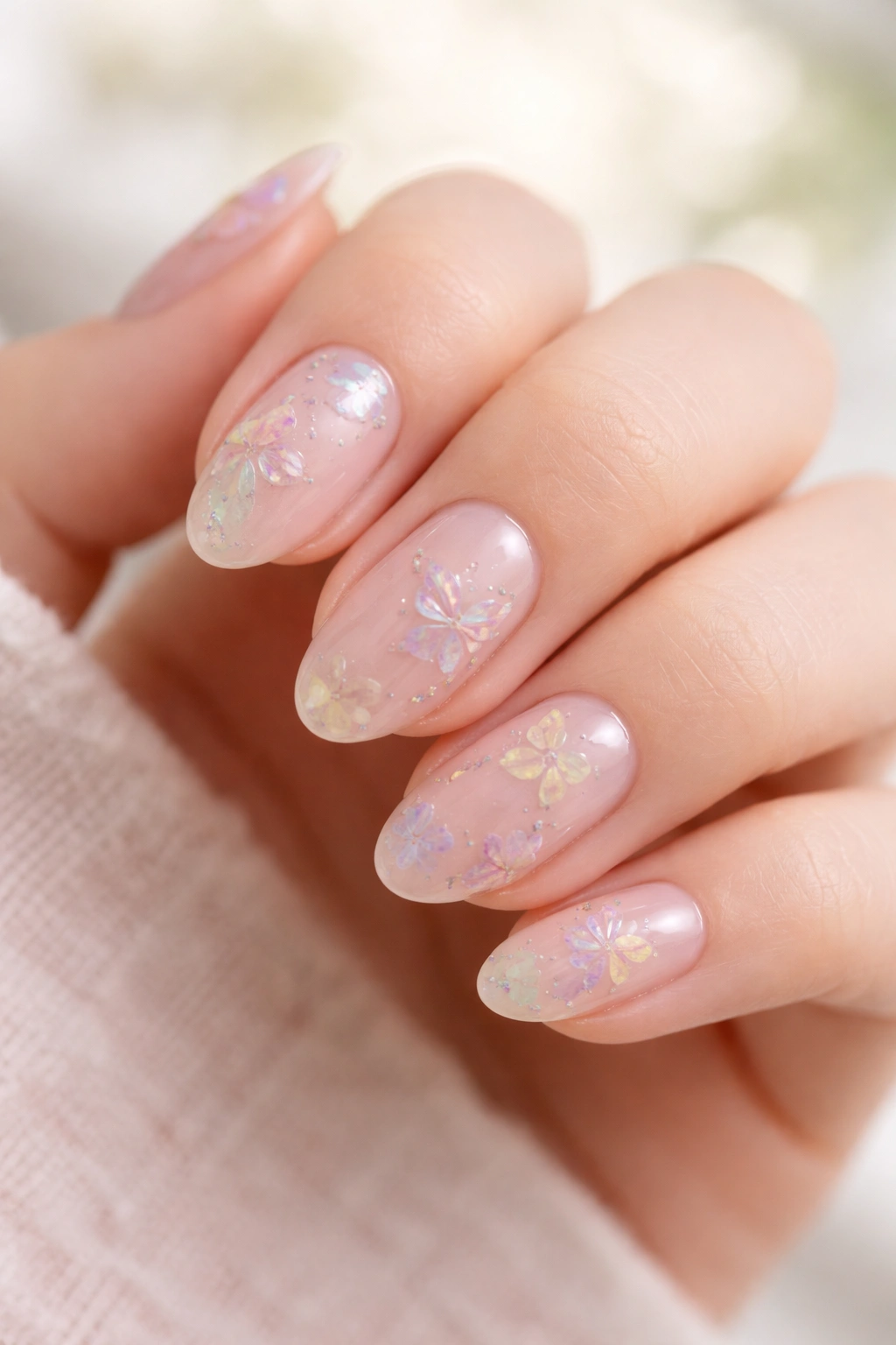 Clear nude nails with scattered pastel butterfly wings on short almond nails