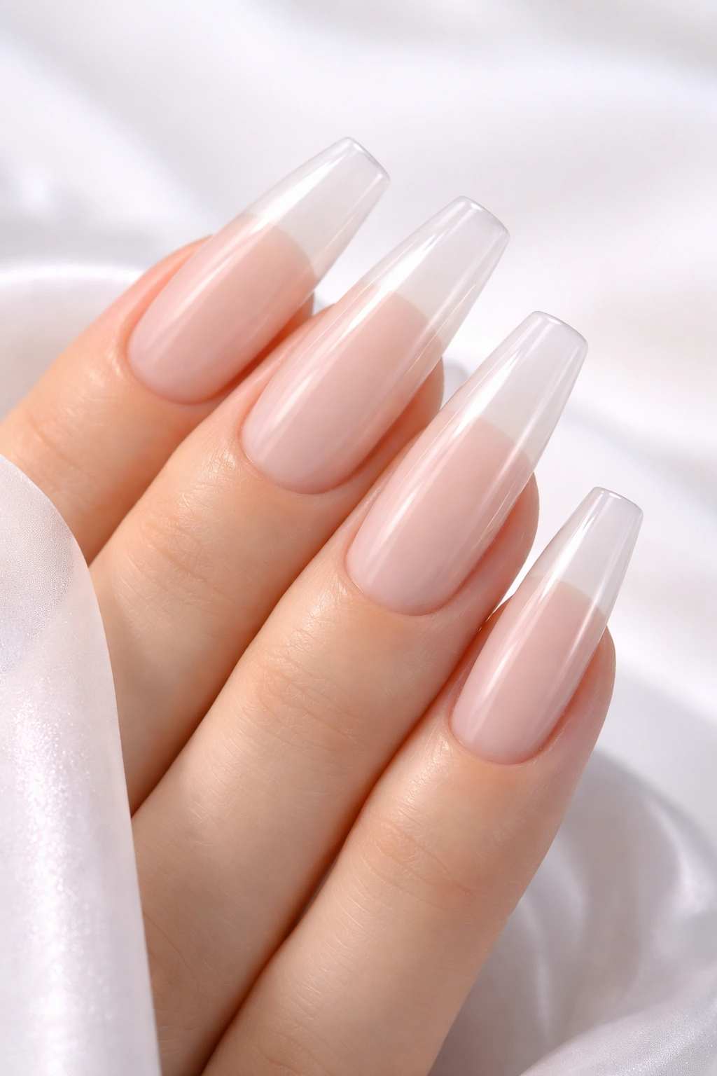 Close-up of clear ombre nails with subtle pigmentation on coffin nails