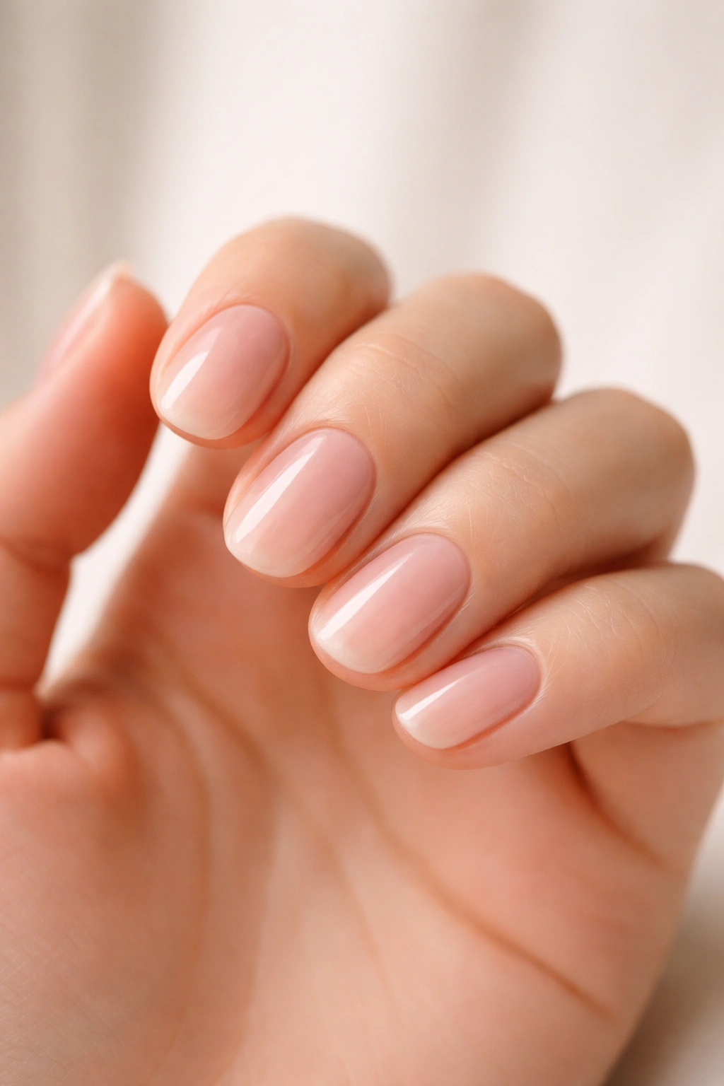 Close-up of clear oval nails with a tiny sheer tint on short nails showing natural nail through glossy finish