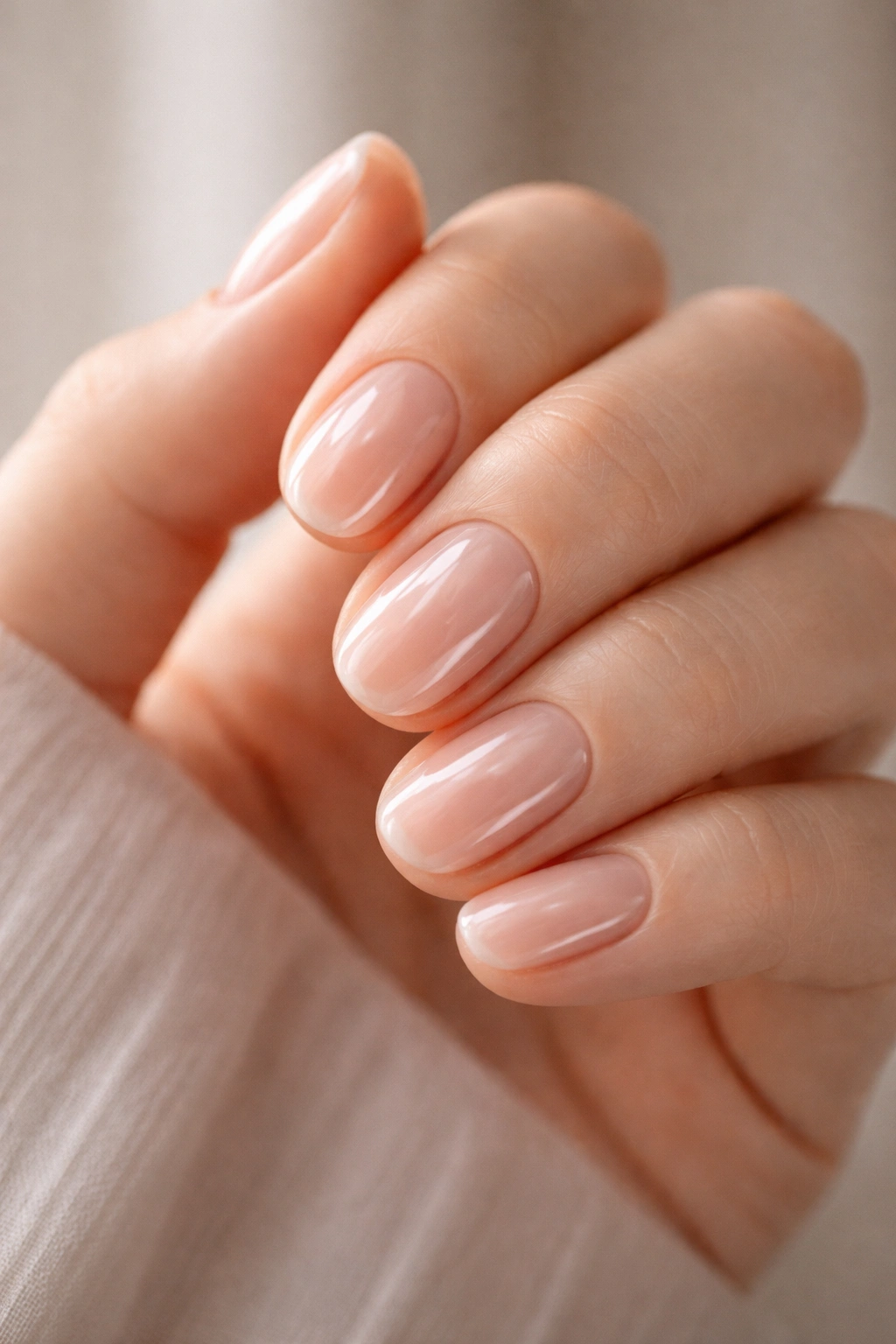 Close-up of short oval nails with clear overlay showing natural nail bed and subtle ridges