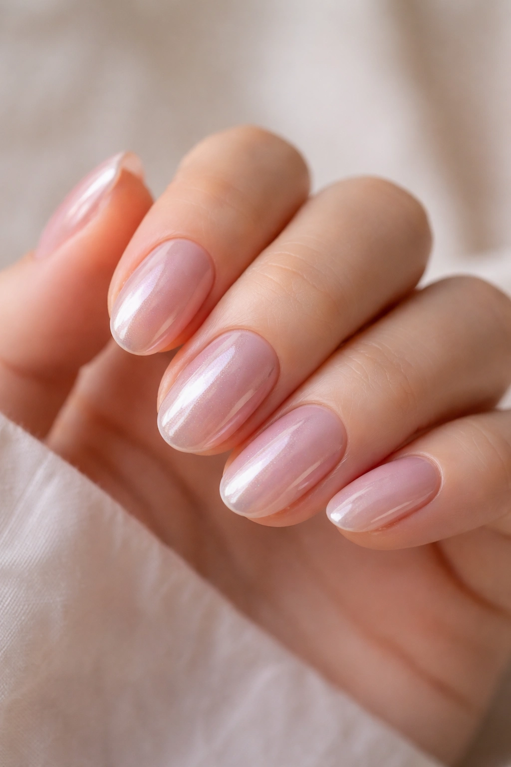Close-up of natural nails with pink chrome glaze showing a soft translucent glow