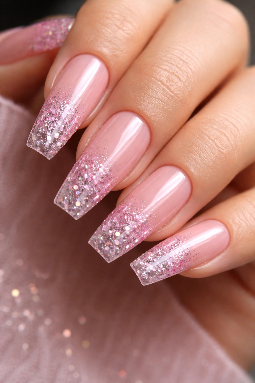 Nails with clear tips and pink layered glitter on a ballerina shape