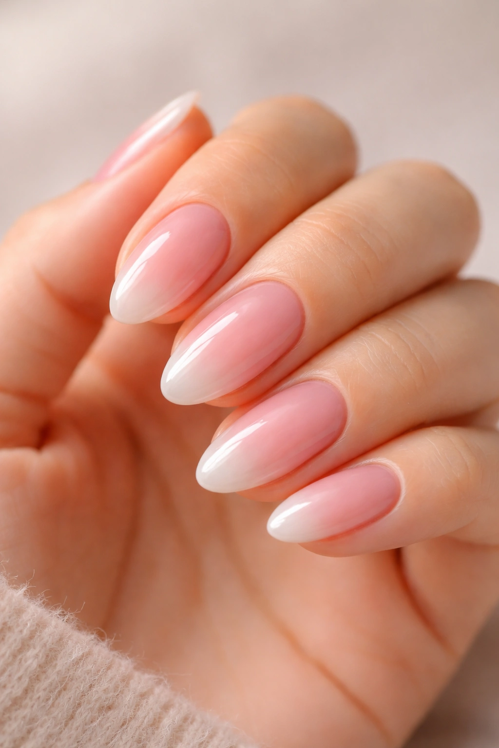 Close-up of short almond nails with clear pink ombre and glassy finish