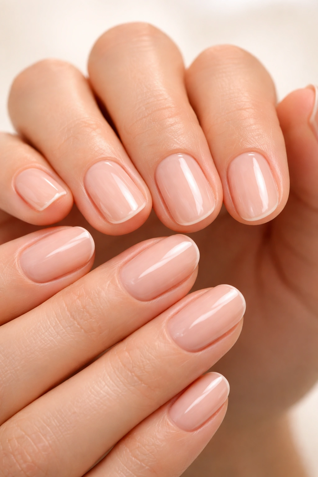 Close-up of hands with clear glossy nails and neat cuticles
