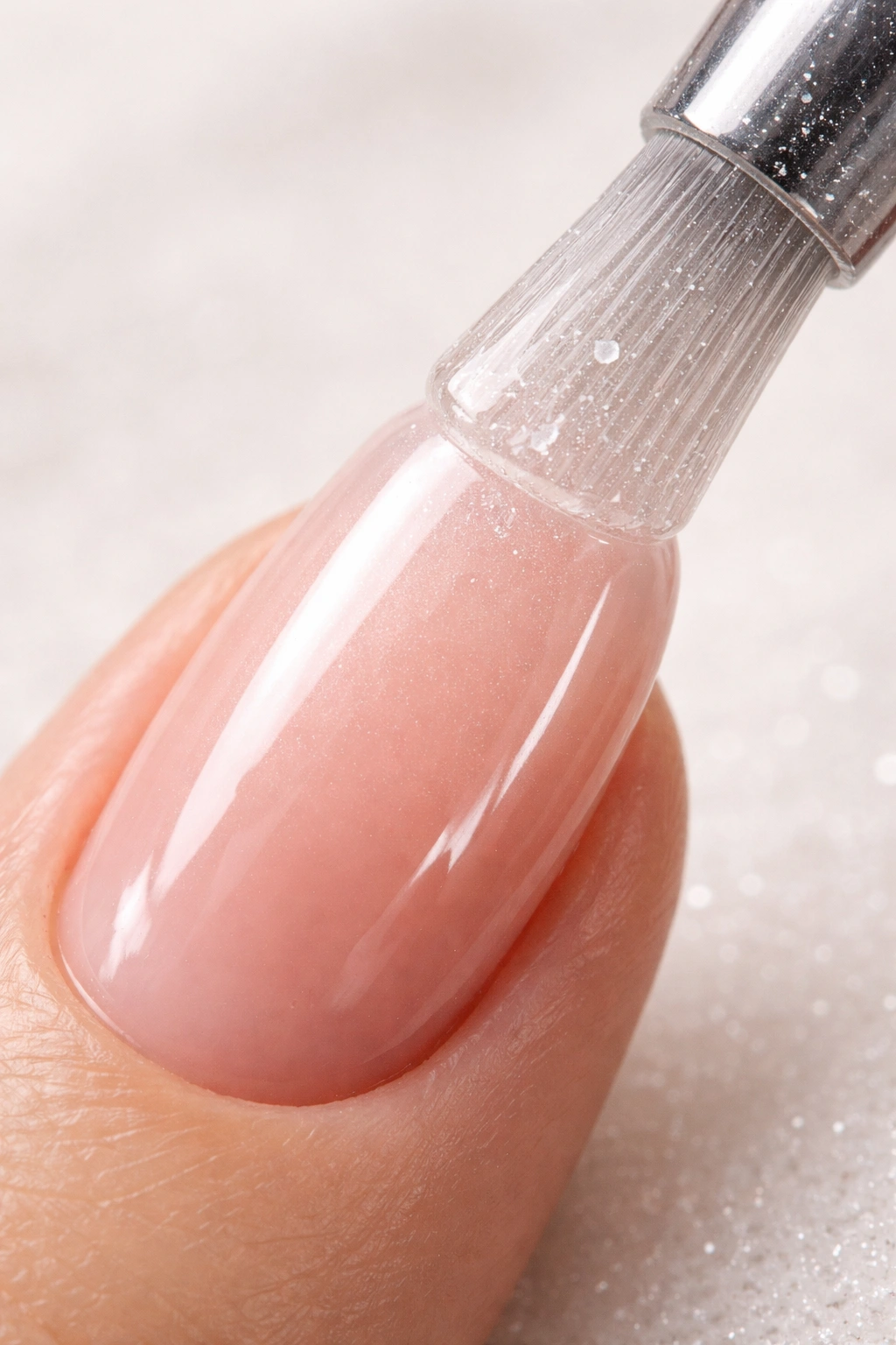 Close-up of clear powder seal layer creating glossy finish on nail
