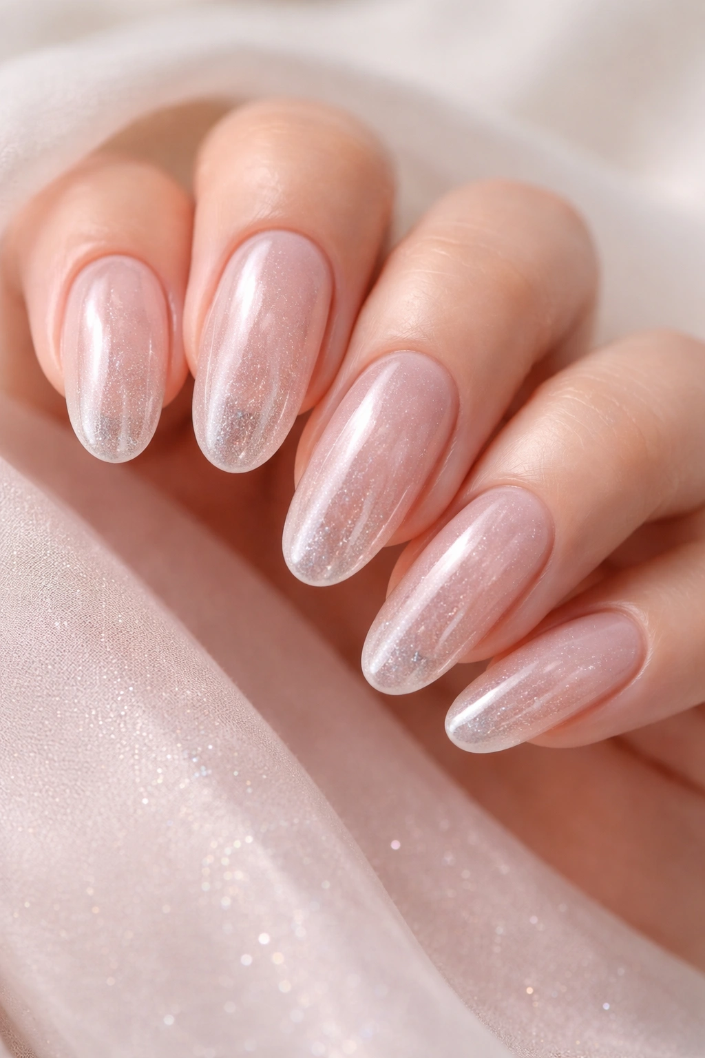 Clear nails with soft shimmer on oval nails in a neutral setting